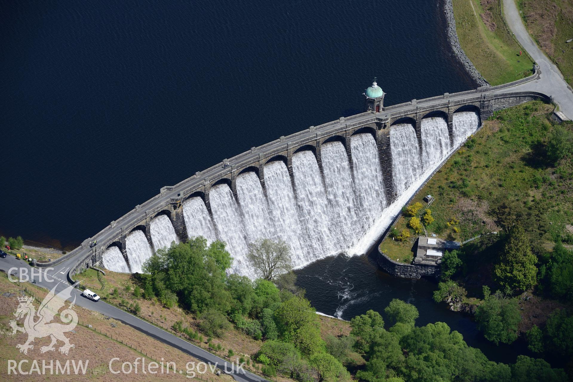 Craig Goch reservoir, dam and dam valve tower, Elan Valley Water Scheme. Oblique aerial photograph taken during the Royal Commission's programme of archaeological aerial reconnaissance by Toby Driver on 3rd June 2015.