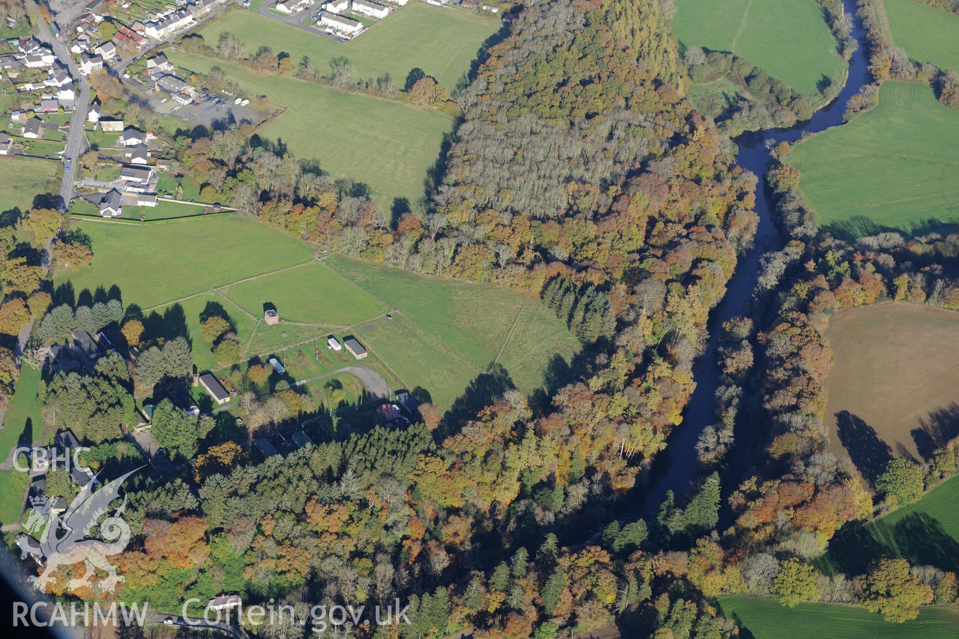 Henllan Bridge prisoner of war camp and site of Caerau hill fort, Henllan, near Newcastle Emlyn.  Oblique aerial photograph taken during the Royal Commission's programme of archaeological aerial reconnaissance by Toby Driver on 2nd November 2015.