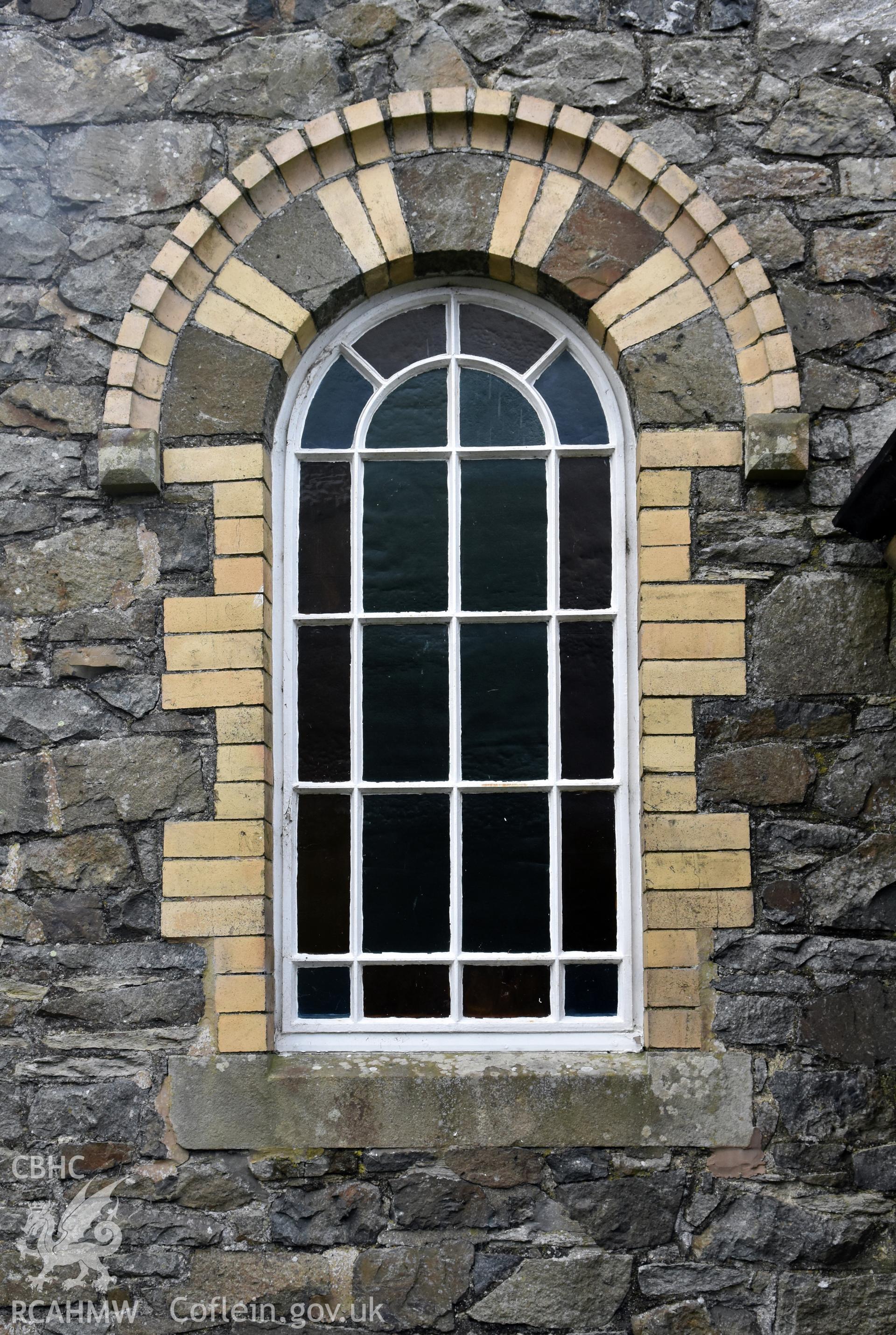 Exterior view of window and brick window arch at Hyssington Primitive Methodist Chapel, Hyssington, Churchstoke. Photographic survey conducted by Sue Fielding on 7th December 2018.