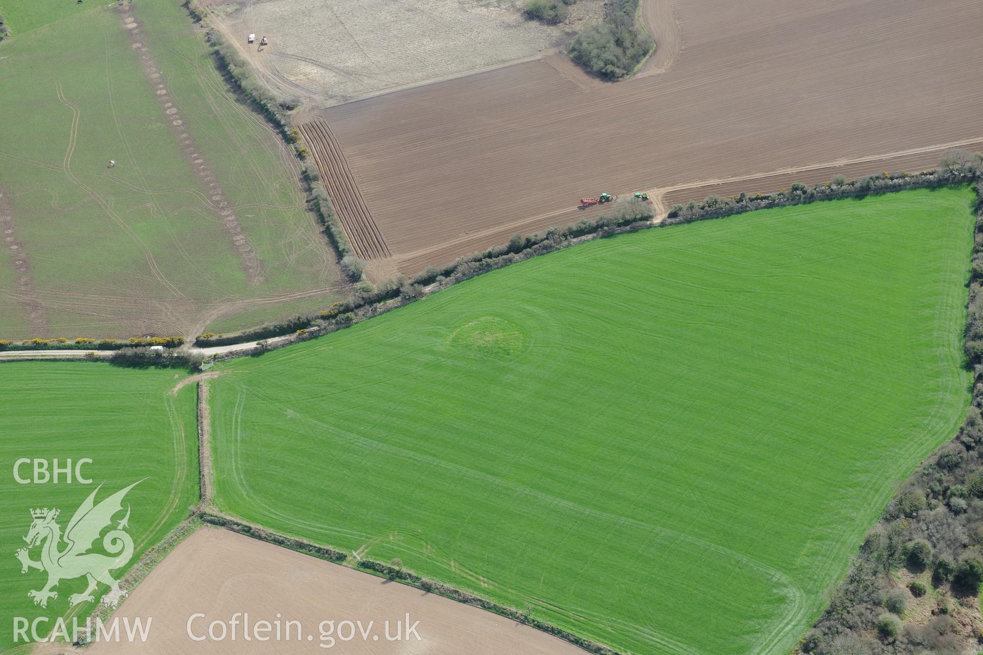 Pant-y-Groes Barrow. Oblique aerial photograph taken during the Royal Commission's programme of archaeological aerial reconnaissance by Toby Driver on 15th April 2015.'