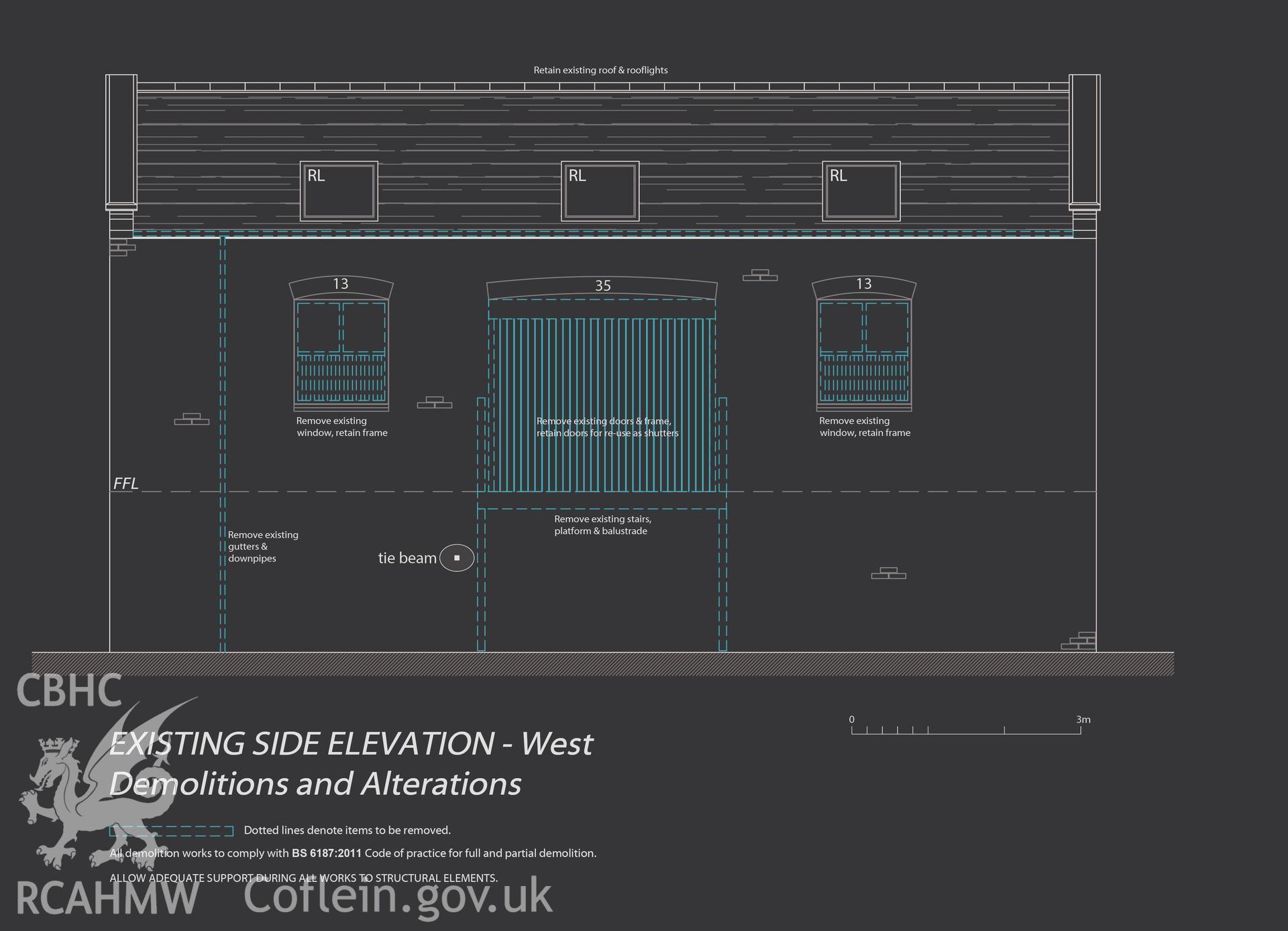 Graphic of the existing side elevation used in report illustrations prepared as part of CPAT Project 2356: Brook House Tank, Leighton, Powys - Building Survey, 2019. Report no. 1645.