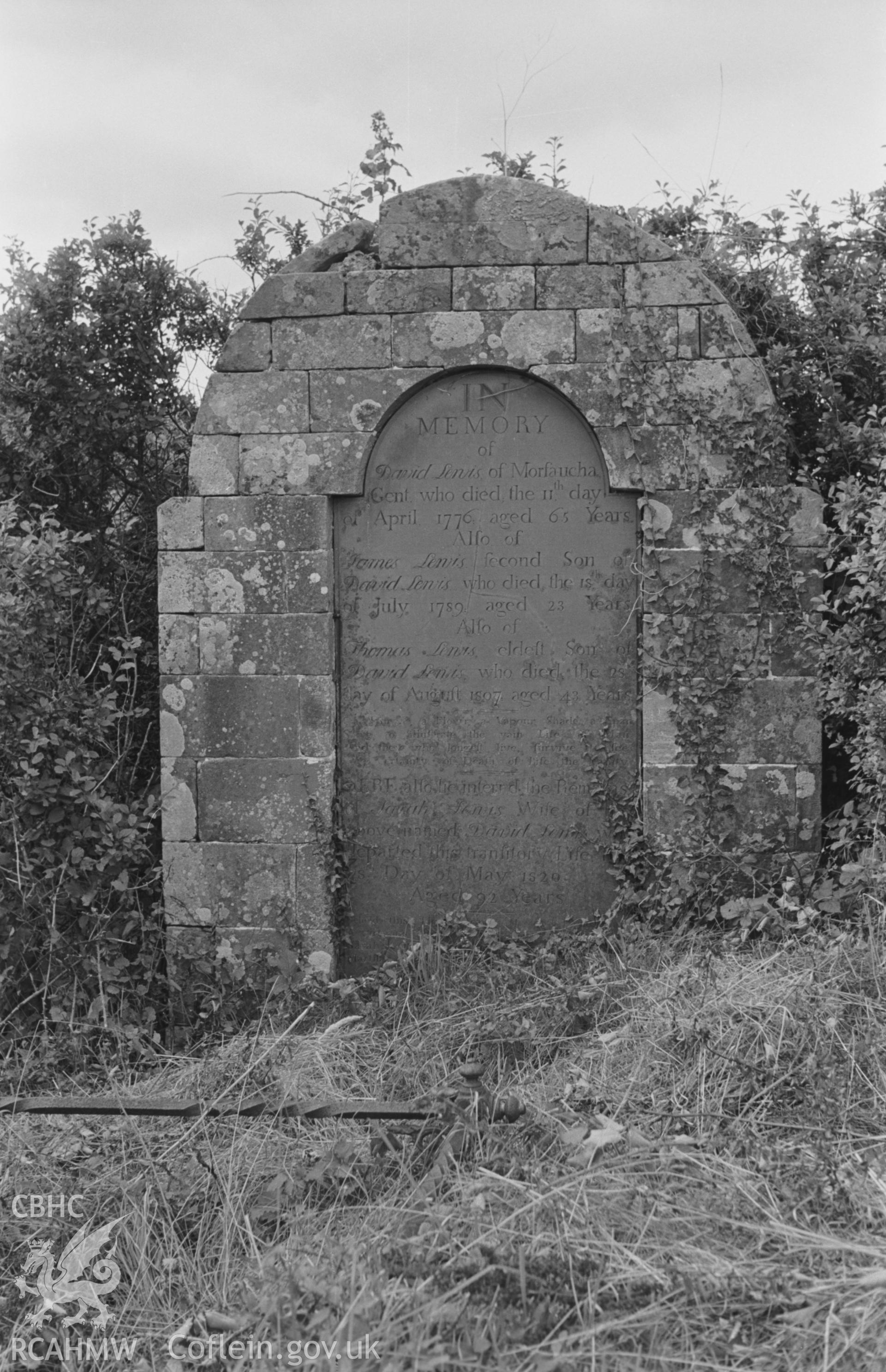 Digital copy of a black and white negative showing memorial to the Lewis family on the western edge of St. Michael's churchyard, Penbryn. Photographed in August 1963 by Arthur O. Chater from Grid Reference SN 2933 5211, looking west.