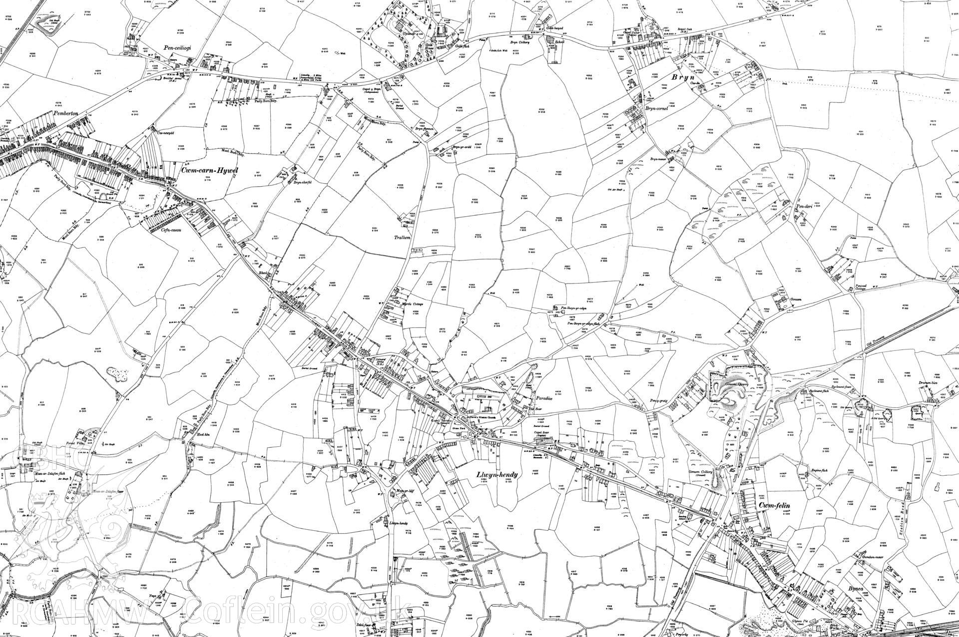 Third edition of 25 inch OS maps, published in 1916, reproduced by Landmark Information Group, showing the area around Bynea. Map included as part of archaeological appraisal of Gwndwn Mawr, Station Rd., Bynea, Carmarthenshire, 2014.