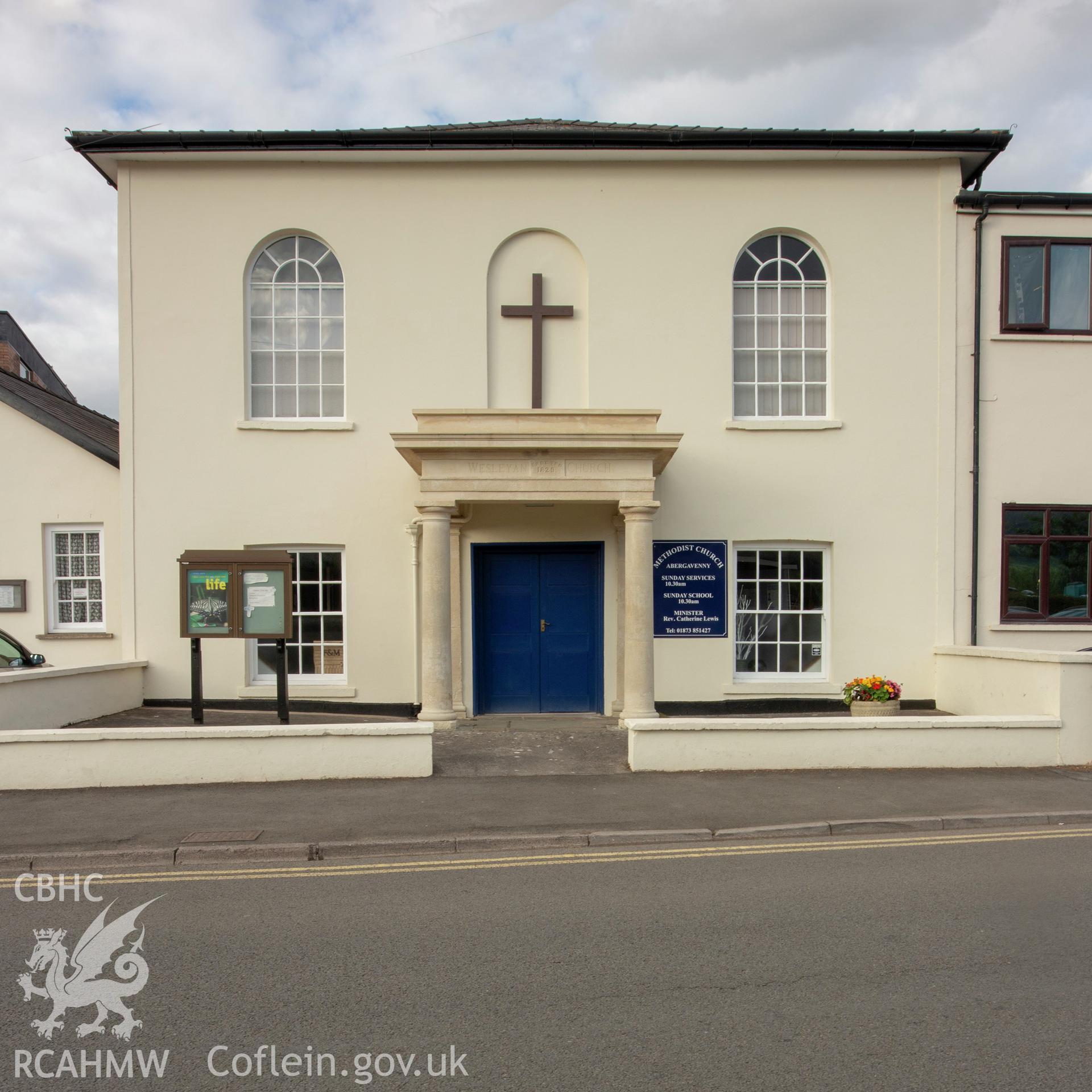 Colour photograph showing front elevation and entrance of Castle Street Wesleyan Methodist Chapel, Abergavenny. Photographed by Richard Barrett on 17th July 2018.