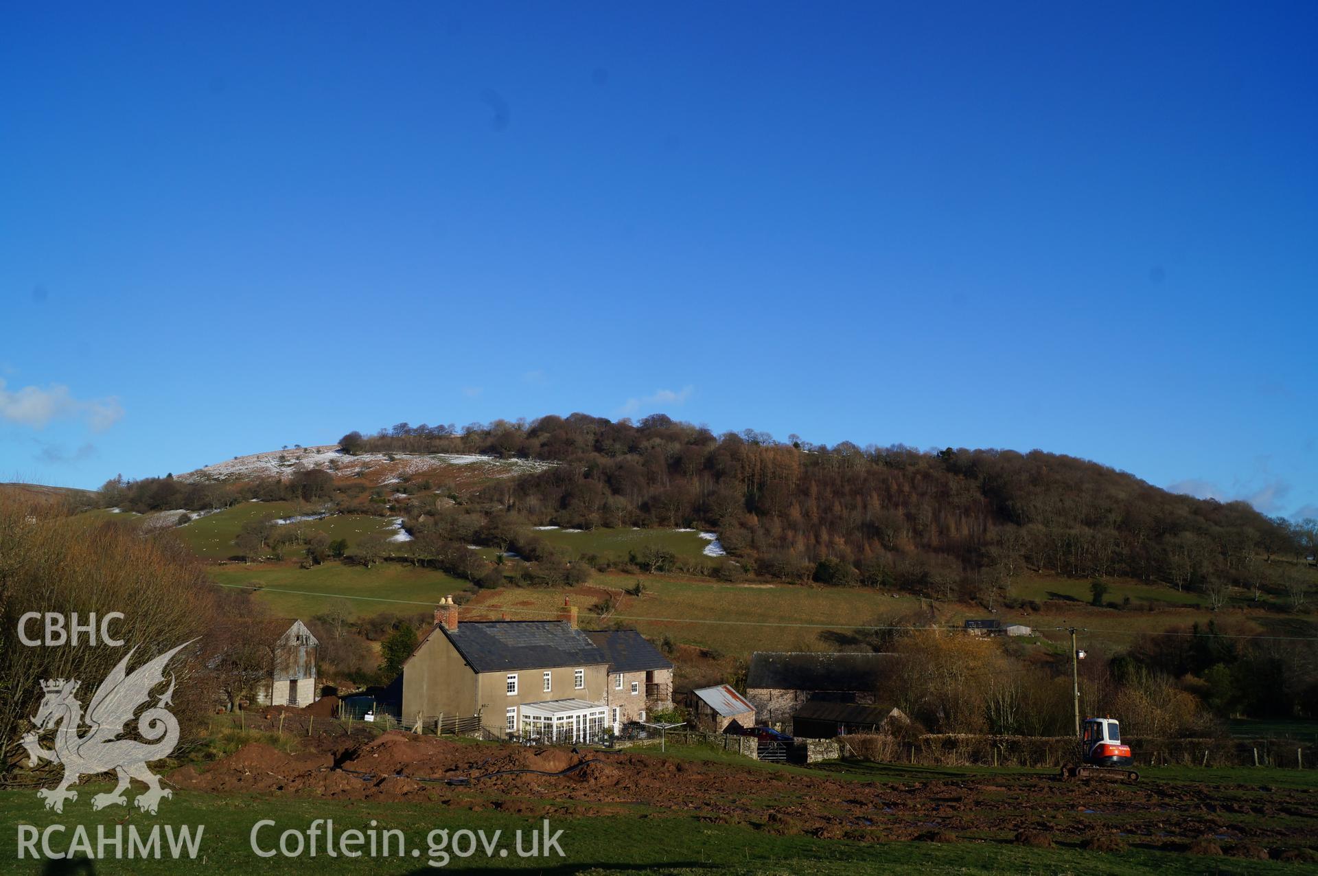 View 'looking east northeast at Gwrlodau farmhouse, with the stable being converted to the rear out of view' at Gwrlodau Farm, Llanbedr, Crickhowell. Photograph and description by Jenny Hall and Paul Sambrook of Trysor, 9th February 2018.