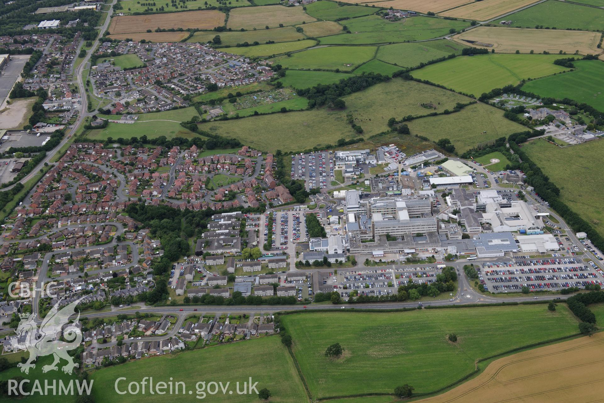 Ysbyty Glan Glwyd Hospital, Bodelwyddan. Oblique aerial photograph taken during the Royal Commission's programme of archaeological aerial reconnaissance by Toby Driver on 30th July 2015.