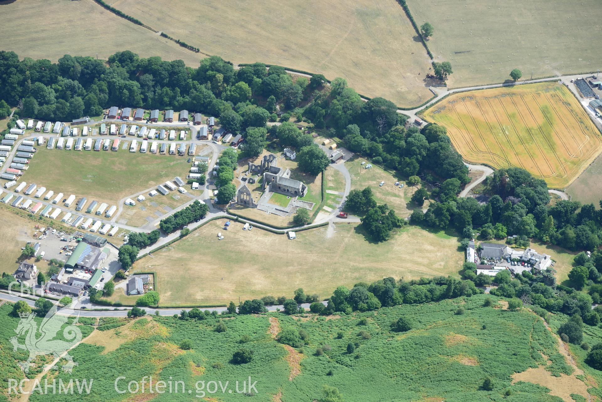 Royal Commission aerial photography of Valle Crucis Abbey taken on 19th July 2018 during the 2018 drought.