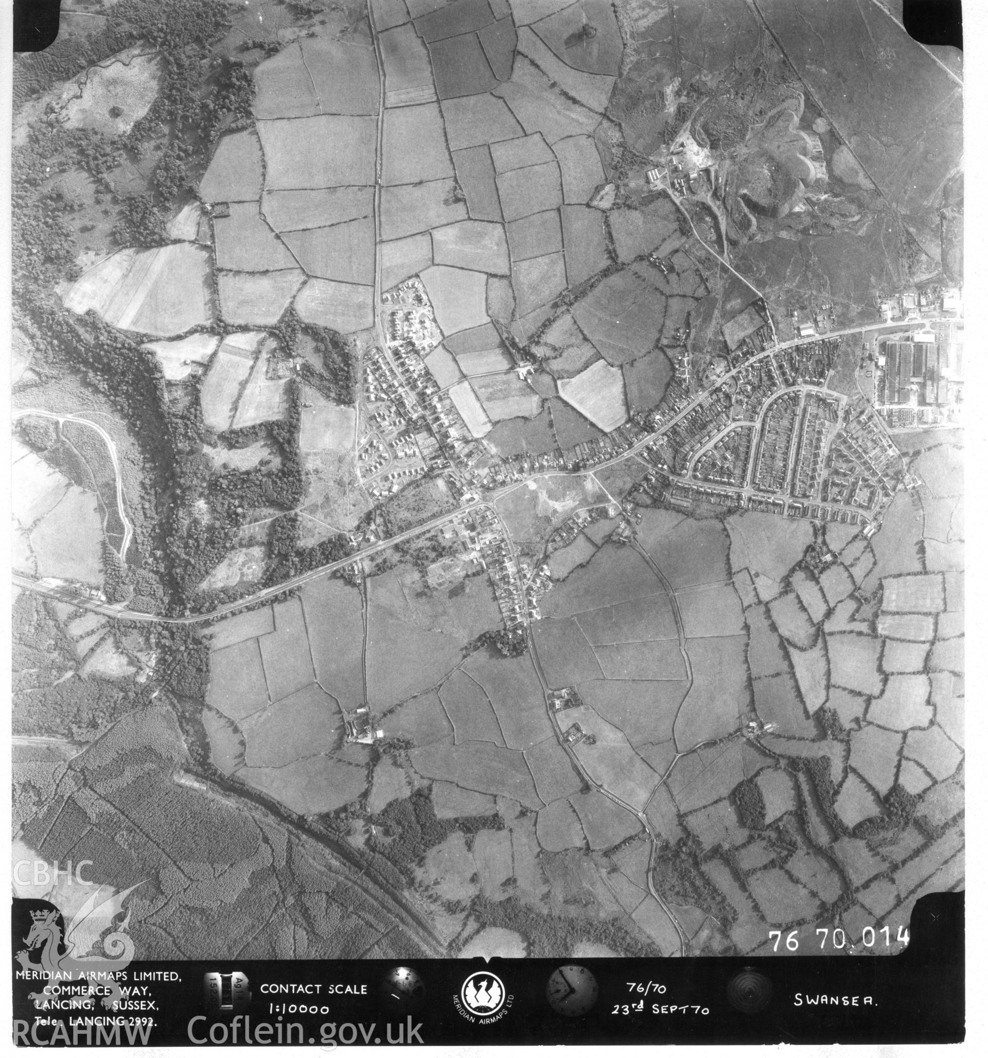 Black and white aerial photograph taken in 23rd September 1970. Part of material used in a Setting Impact Assessment of Land off Phoenix Way, Garngoch Business Village, Swansea, carried out by Archaeology Wales, 2018. Project number P2631.