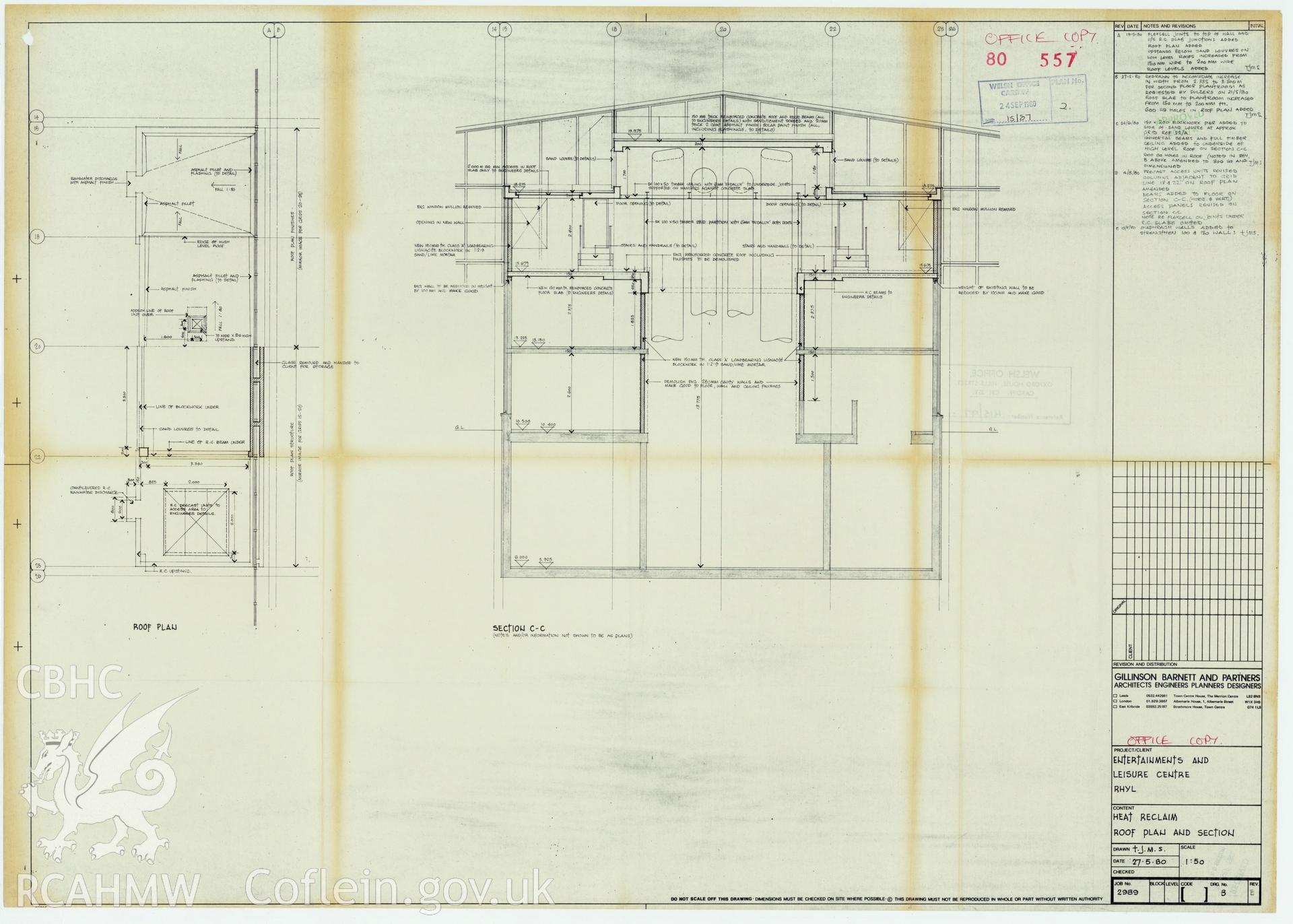 Digital copy of a measured drawing showing heat reclamation plan and section for the roof of the entertainment complex at Rhyl Sun Centre and Theatre, produced by Gillinson Barnett & Partners  1980. Loaned for copying by Denbighshire County Council.
