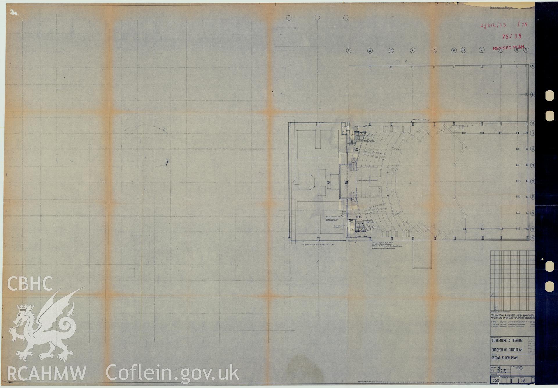 Digital copy of a measured drawing showing second floor plan of the Sun Centre, Rhyl, produced by Gillinson Barnett and Partners. Loaned for copying by Denbighshire County Council.