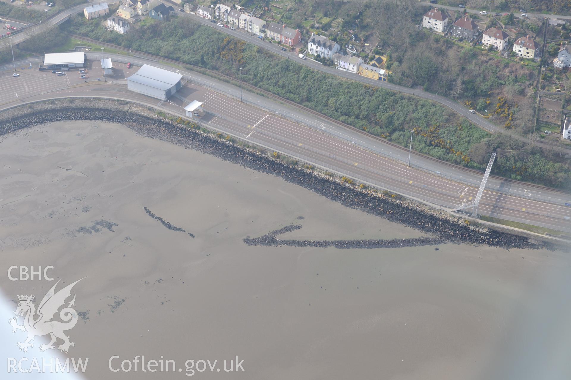 Royal Commission aerial photograph of fish trap at Fishguard taken on 27th March 2017. Baseline aerial reconnaissance survey for the CHERISH Project. ? Crown: CHERISH PROJECT 2017. Produced with EU funds through the Ireland Wales Co-operation Programme 2014-2020. All material made freely available through the Open Government Licence.