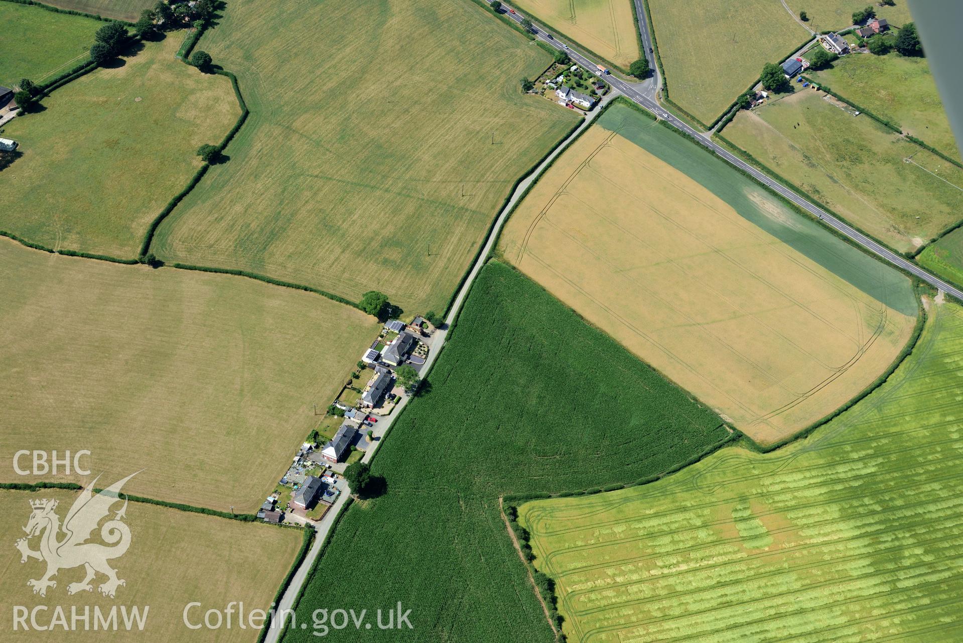 Royal Commission aerial photography of cropmarks of Lower Luggy Cursus taken on 19th July 2018 during the 2018 drought.