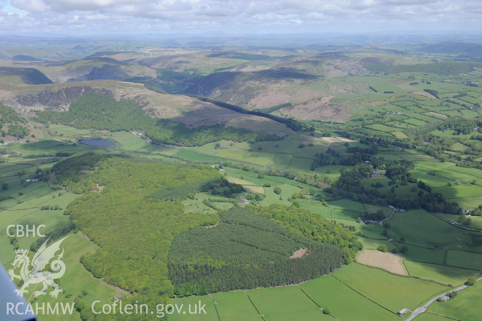 Coed y Cefn, on the south west outskirts of Rhayader. Oblique aerial photograph taken during the Royal Commission's programme of archaeological aerial reconnaissance by Toby Driver on 3rd June 2015.