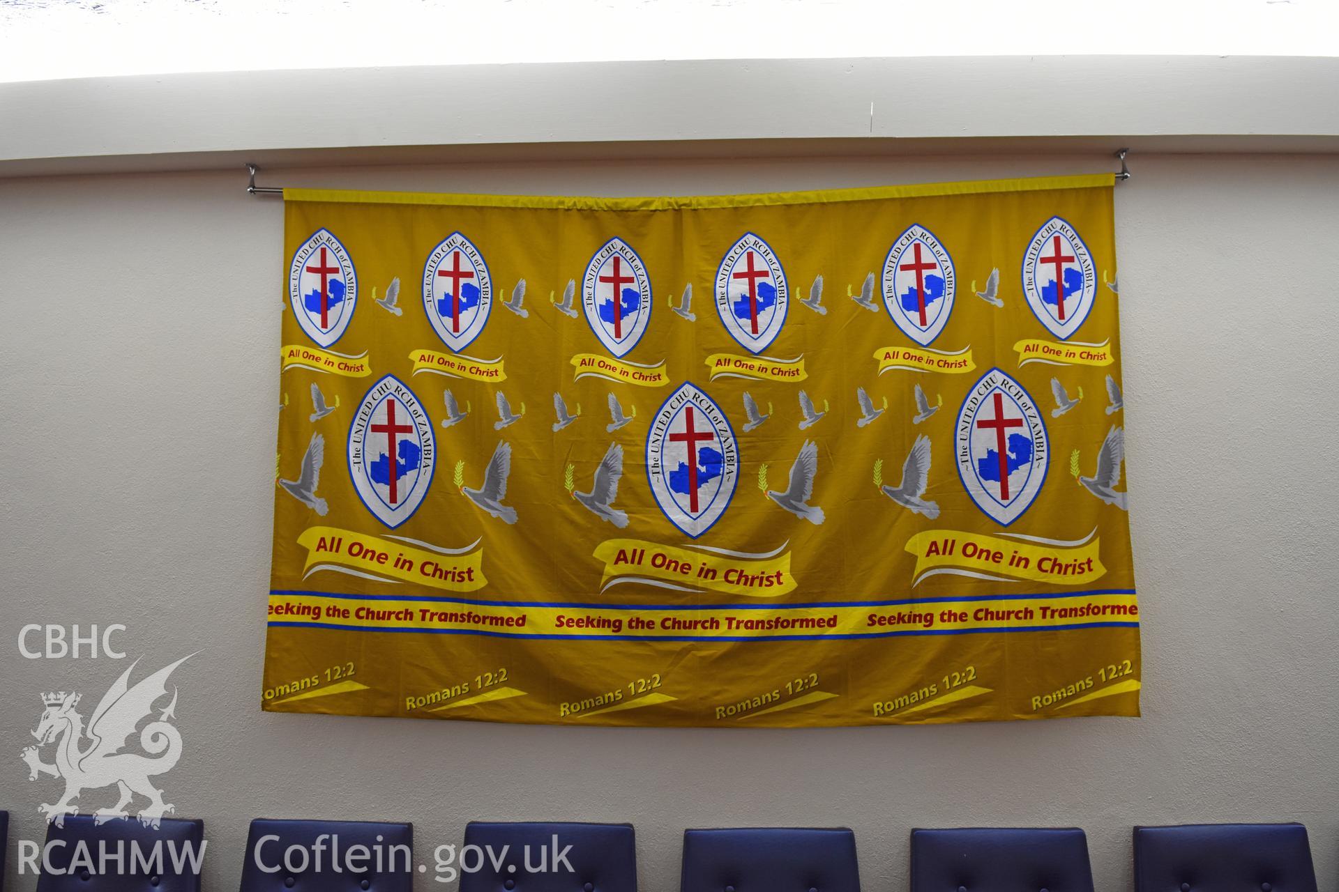Colour photograph showing detail of banner at the English Wesleyan Methodist Chapel, Porthcawl, taken during photographic survey conducted by Sue Fielding on 12th May 2018.