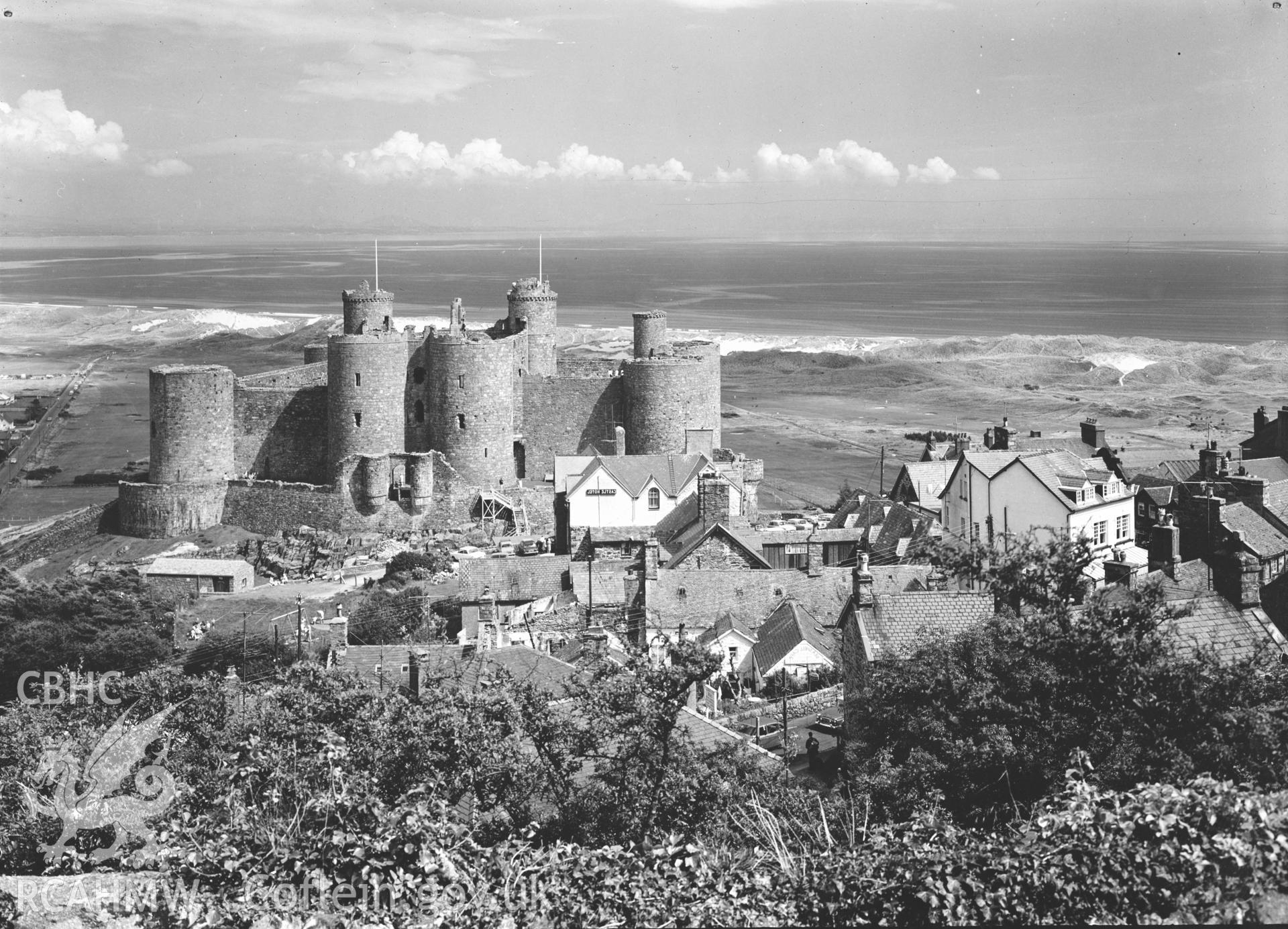 Digital copy of a black and white negative showing general view of Harlech Castle.