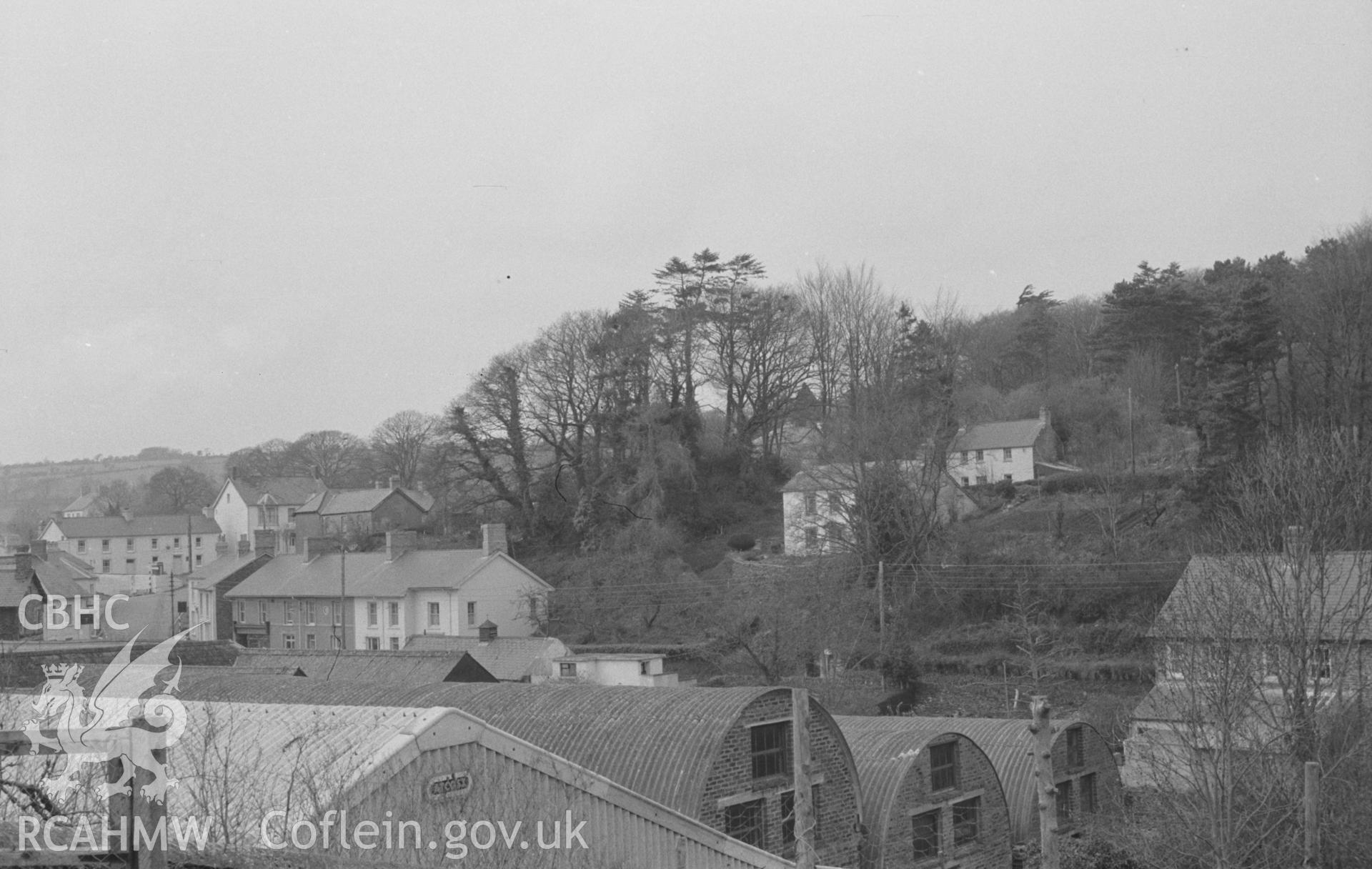 Digital copy of a black and white negative showing view looking across the Teifi to Adpar, Newcastle Emlyn, with rookery in centre. Photographed by Arthur O. Chater in April 1966 looking north north west from Grid Reference SN 310 407.