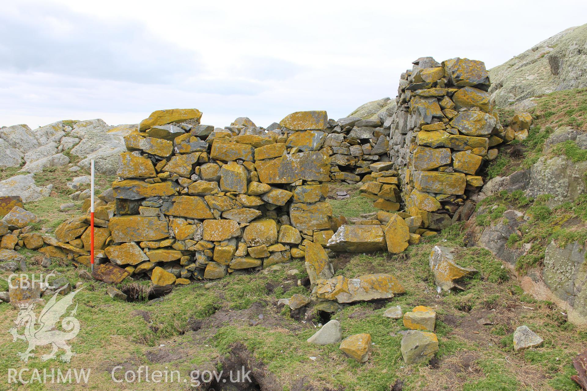 Skerries buoy keeper's cottage or stone shelter. Investigator's photographic survey for the CHERISH Project. ? Crown: CHERISH PROJECT 2018. Produced with EU funds through the Ireland Wales Co-operation Programme 2014-2020. All material made freely available through the Open Government Licence.