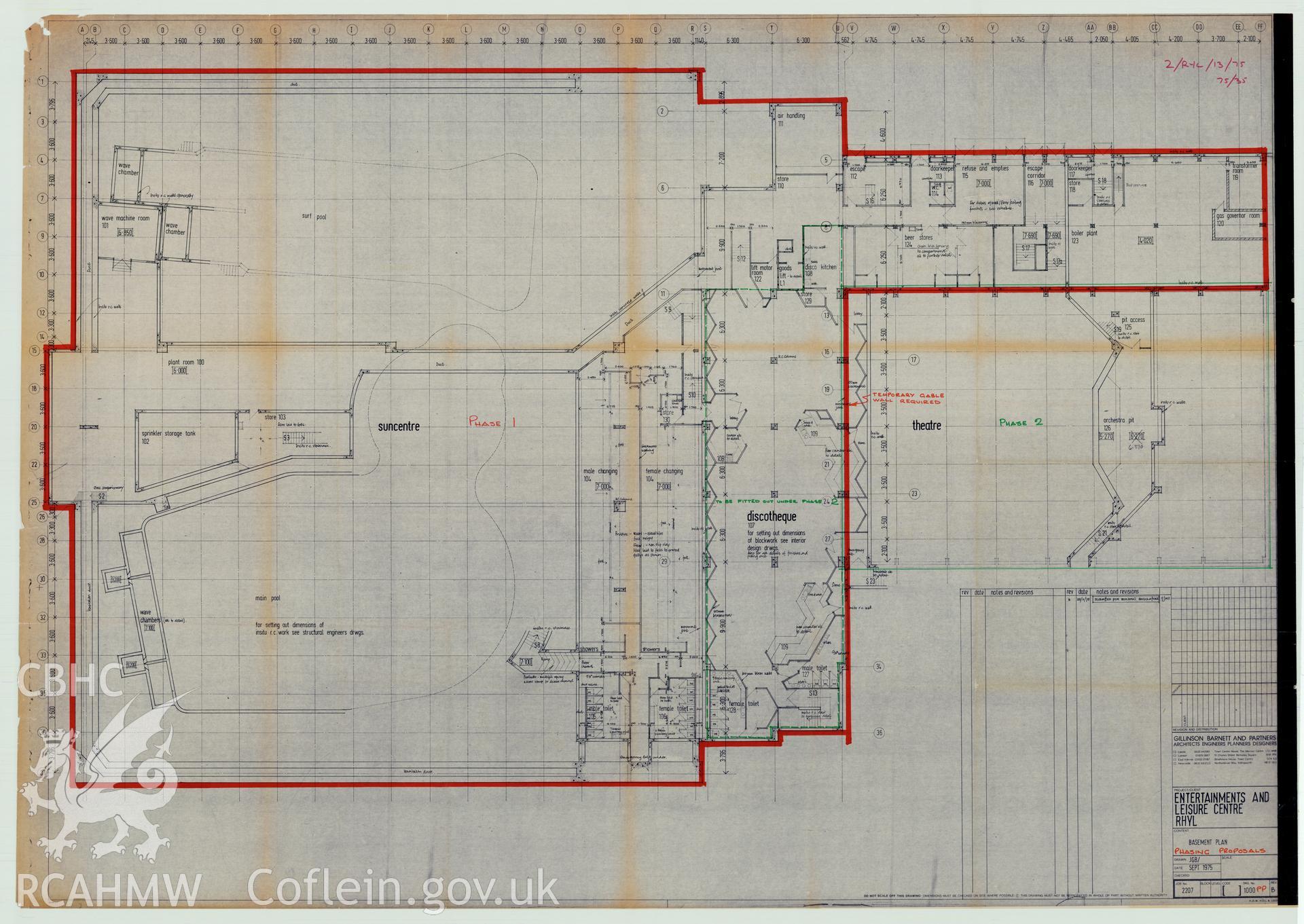 Digital copy of a measured drawing showing basement plan phasing proposals at Rhyl Sun Centre and Theatre, produced by Gillinson Barnett & Partners  1975. Loaned for copying by Denbighshire County Council.