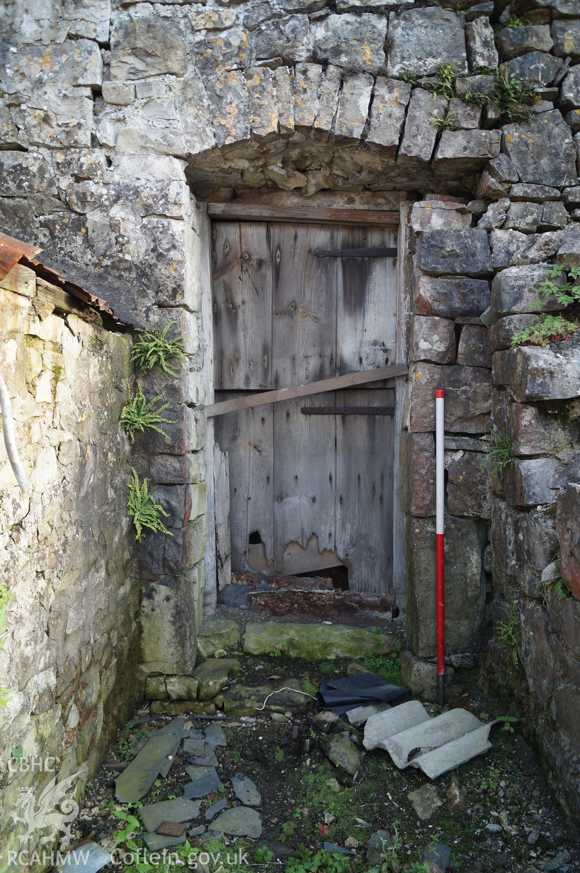 View 'looking south southeast at the doorway in the northern side of barn' at Rowley Court, Llantwit Major. Photograph & description by Jenny Hall & Paul Sambrook of Trysor, 7th September 2016.