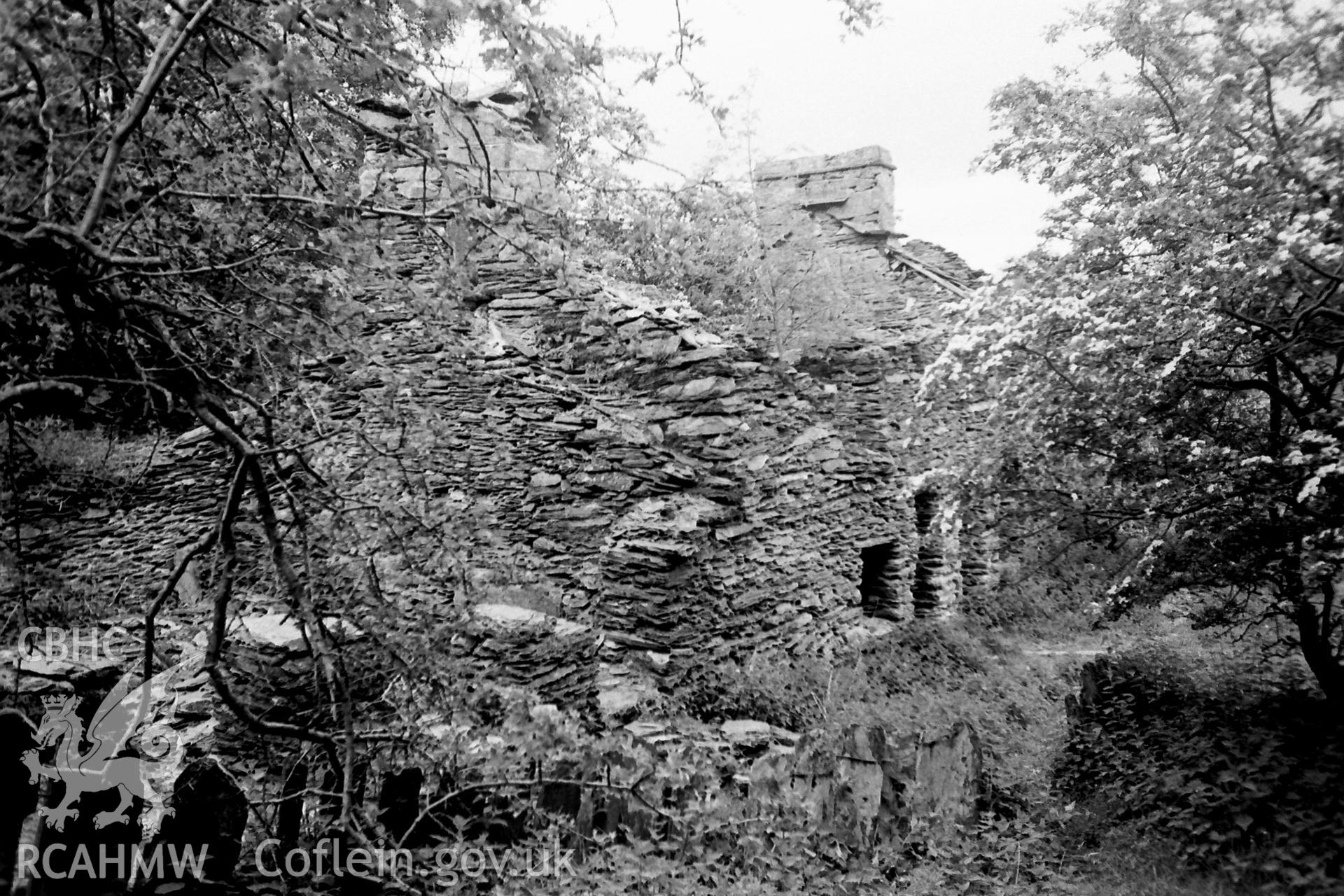 Digitised black and white photograph of abandoned quarrymens cottages at Rhiwddolion. Produced during Bachelor of Architecture dissertation: 'The Form and Architecture of Nineteenth Century Industrial Settlements in Rural Wales' by Martin Davies, 1979.