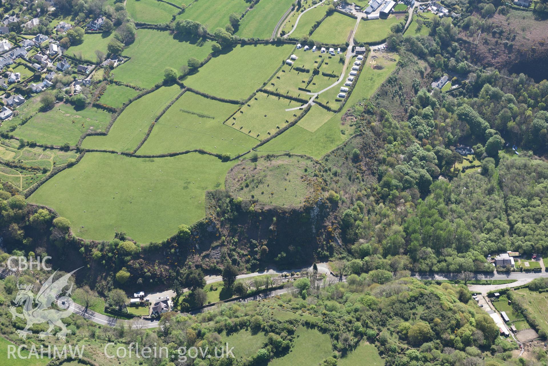 Aerial photography of nant Castell and Pen y Gaer taken on 3rd May 2017.  Baseline aerial reconnaissance survey for the CHERISH Project. ? Crown: CHERISH PROJECT 2017. Produced with EU funds through the Ireland Wales Co-operation Programme 2014-2020. All