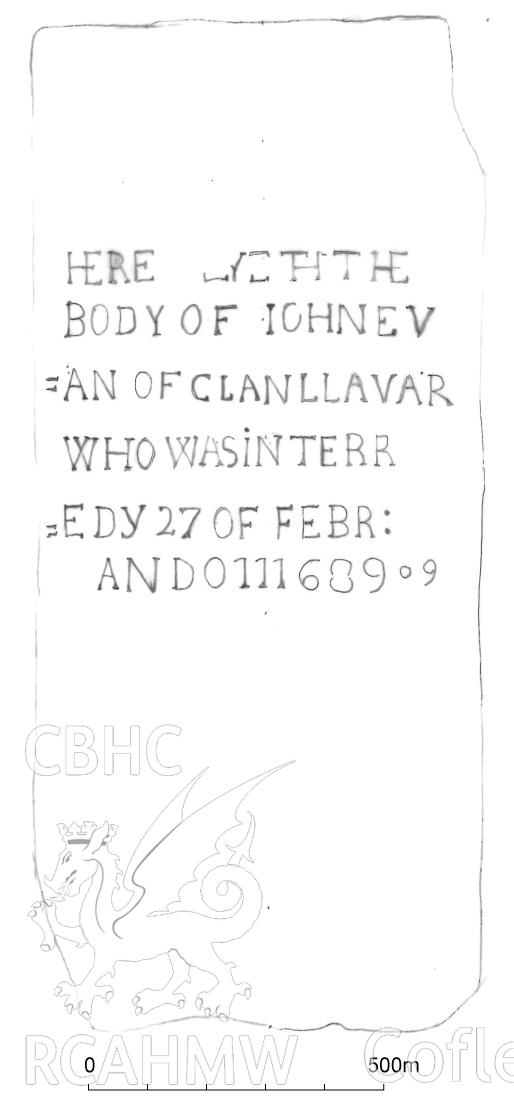 Drawing labelled 'grave slab 46 and scale' relating to CPAT Project 1930: St Bueno's Church, Llanycil, Gwynedd - Archaeological Watching Brief. Prepared by Kate Pack of Clwyd Powys Archaeological Trust. Report no. 1267.