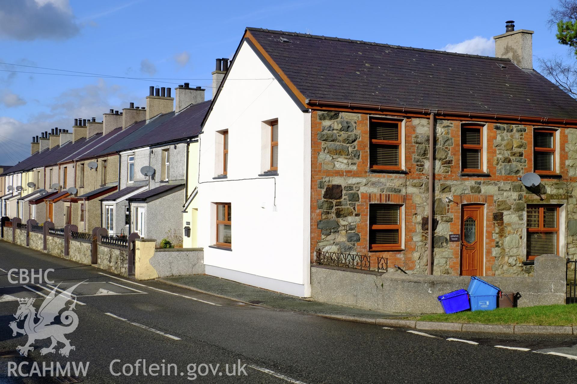 Colour photograph showing view looking west at Rhes Faenol and Asherton House, High Street, Deiniolen, produced by Richard Hayman 2nd February 2017