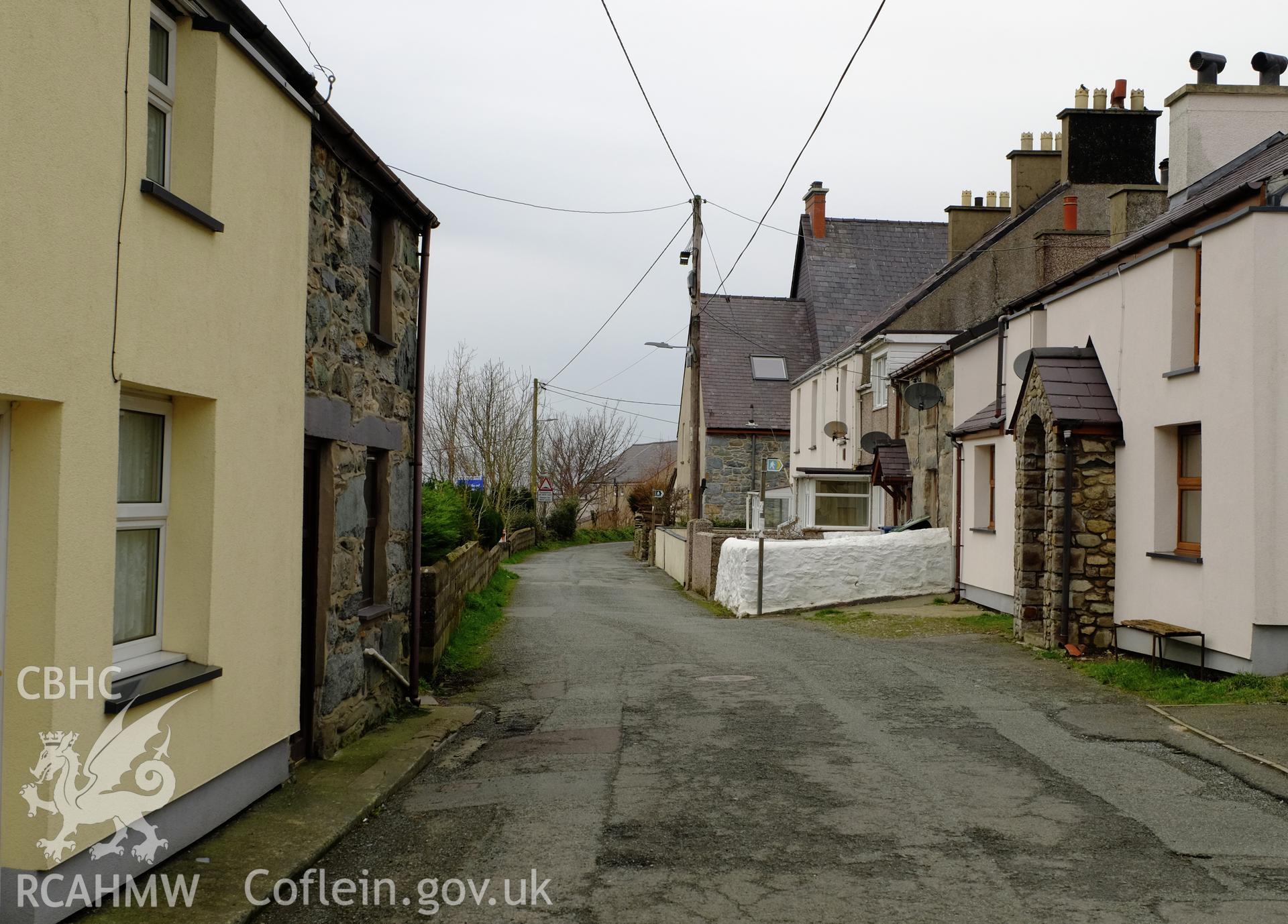 Colour photograph showing view looking north west at line of the Dinorwic Railway, Clwt-y-bont, Deiniolen, produced by Richard Hayman 2nd March 2017