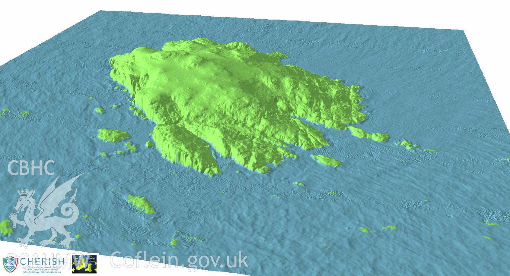Ynys Gwales (Grassholm Island). Airborne laser scanning (LiDAR) commissioned by the CHERISH Project 2017-2021, flown by Bluesky International LTD at low tide on 24th February 2017. View showing Grassholm Island facing north-east.