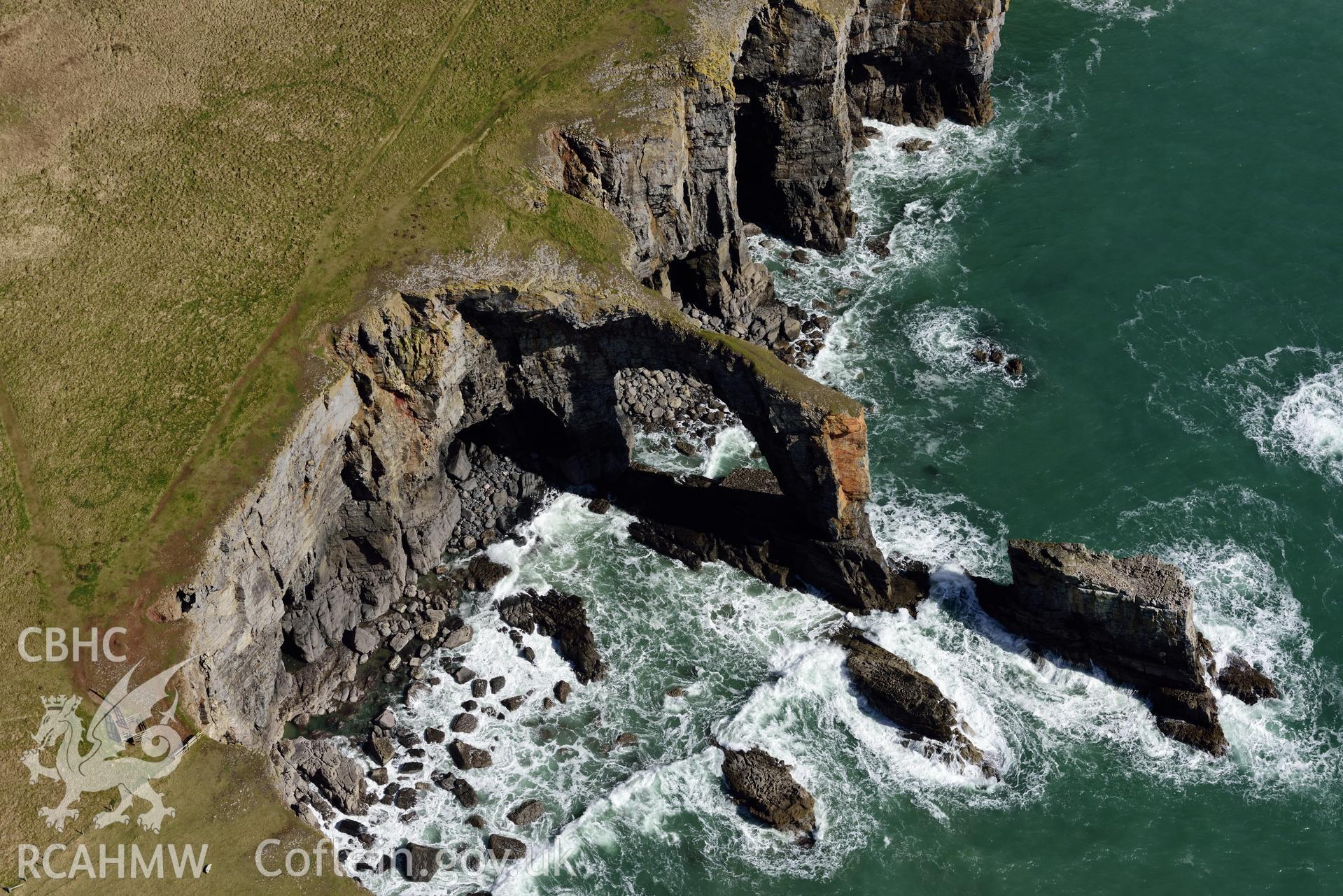 The Green Bridge of Wales, following the October 2017 partial collapse. Baseline aerial reconnaissance survey for the CHERISH Project. ? Crown: CHERISH PROJECT 2018. Produced with EU funds through the Ireland Wales Co-operation Programme 2014-2020. All material made freely available through the Open Government Licence.