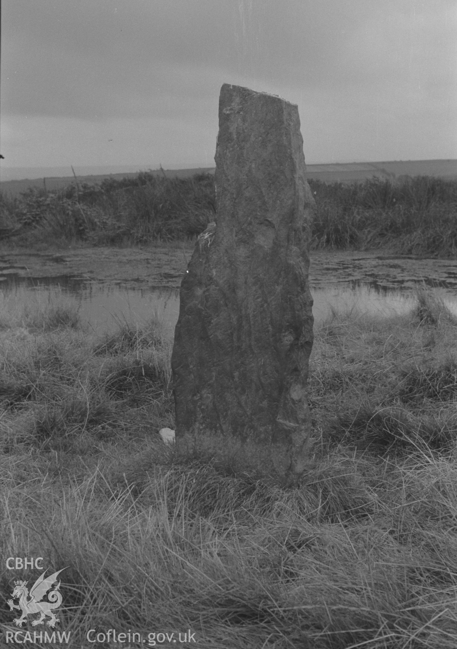 Digital copy of a black and white negative showing scratching pillar (?) by small reservoir pond in field 300m south east of Carn Web. Photographed by Arthur O. Chater on 30th August 1967, looking south west from Grid Reference SN 399 469.