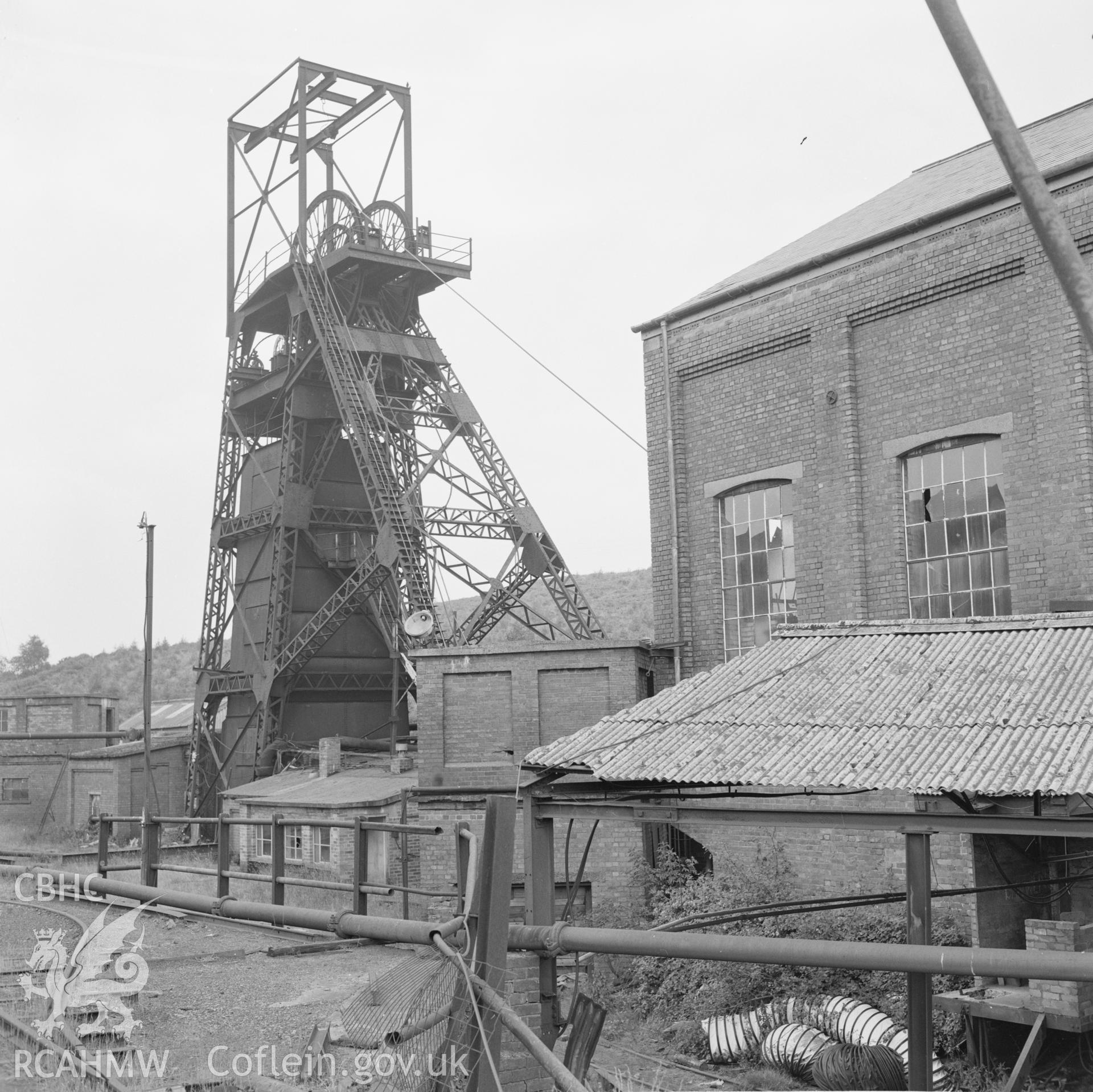 Digital copy of an acetate negative showing upcast shaft and engine house at Cefncoed Colliery, from the John Cornwell Collection.