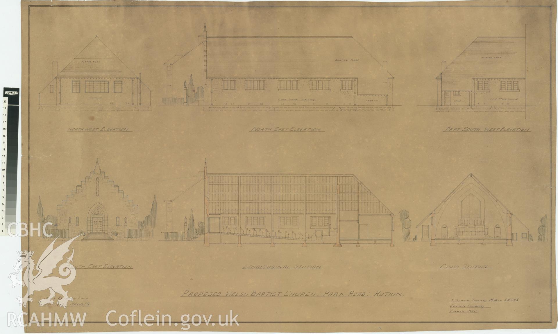 Digital copy of an undated measured drawing showing proposed elevation and section drawings for the Welsh Baptist Church, Park Road, Ruthin produced by S. Colwyn Foulkes and loaned for copying by Baptist Union of Wales. Produced at a scale of 8 feet to 1