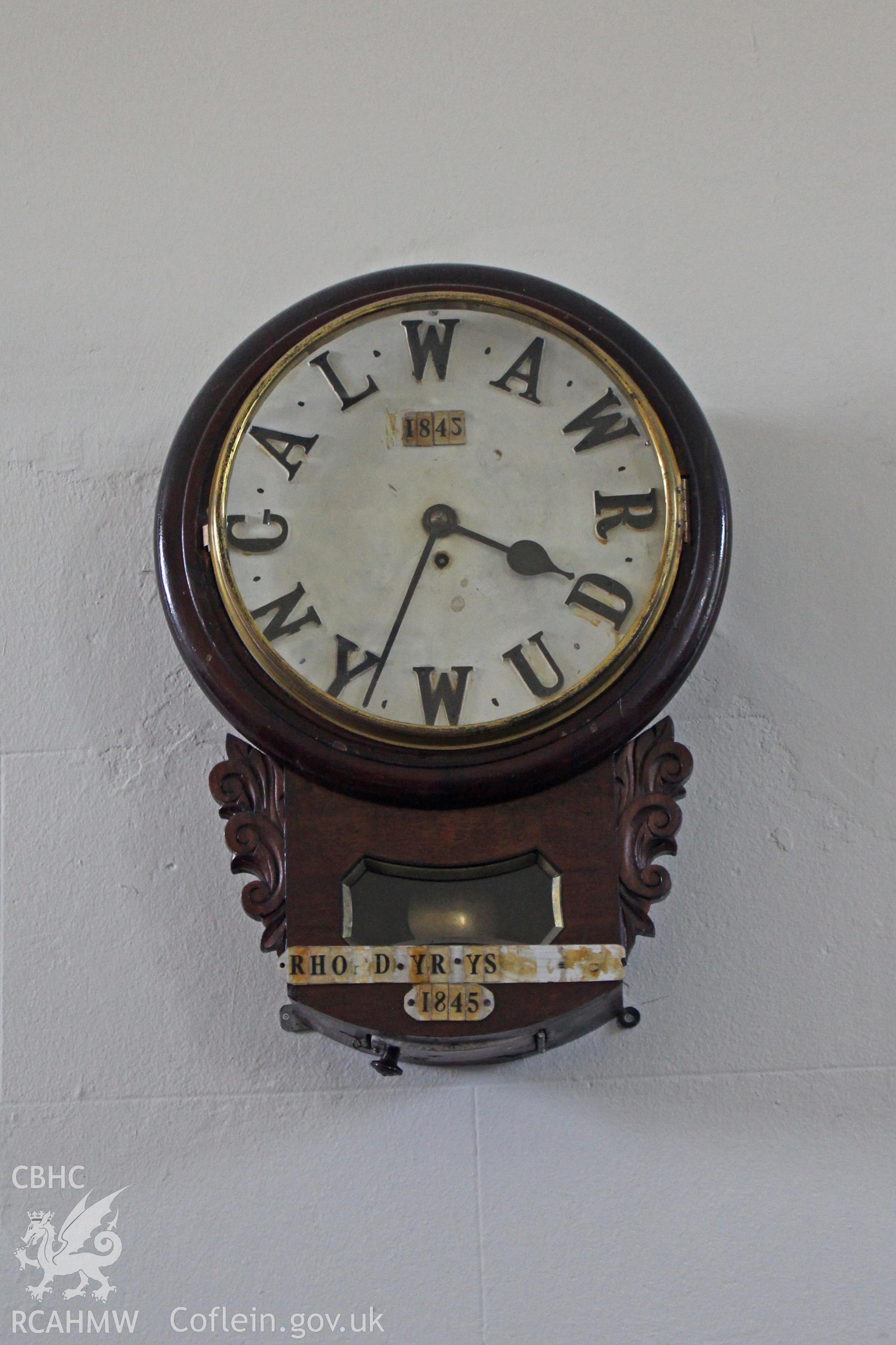 Clock in the chapel vestry. Photographic survey of Seion Welsh Baptist Chapel, Morriston, conducted by Sue Fielding on 13th May 2017.