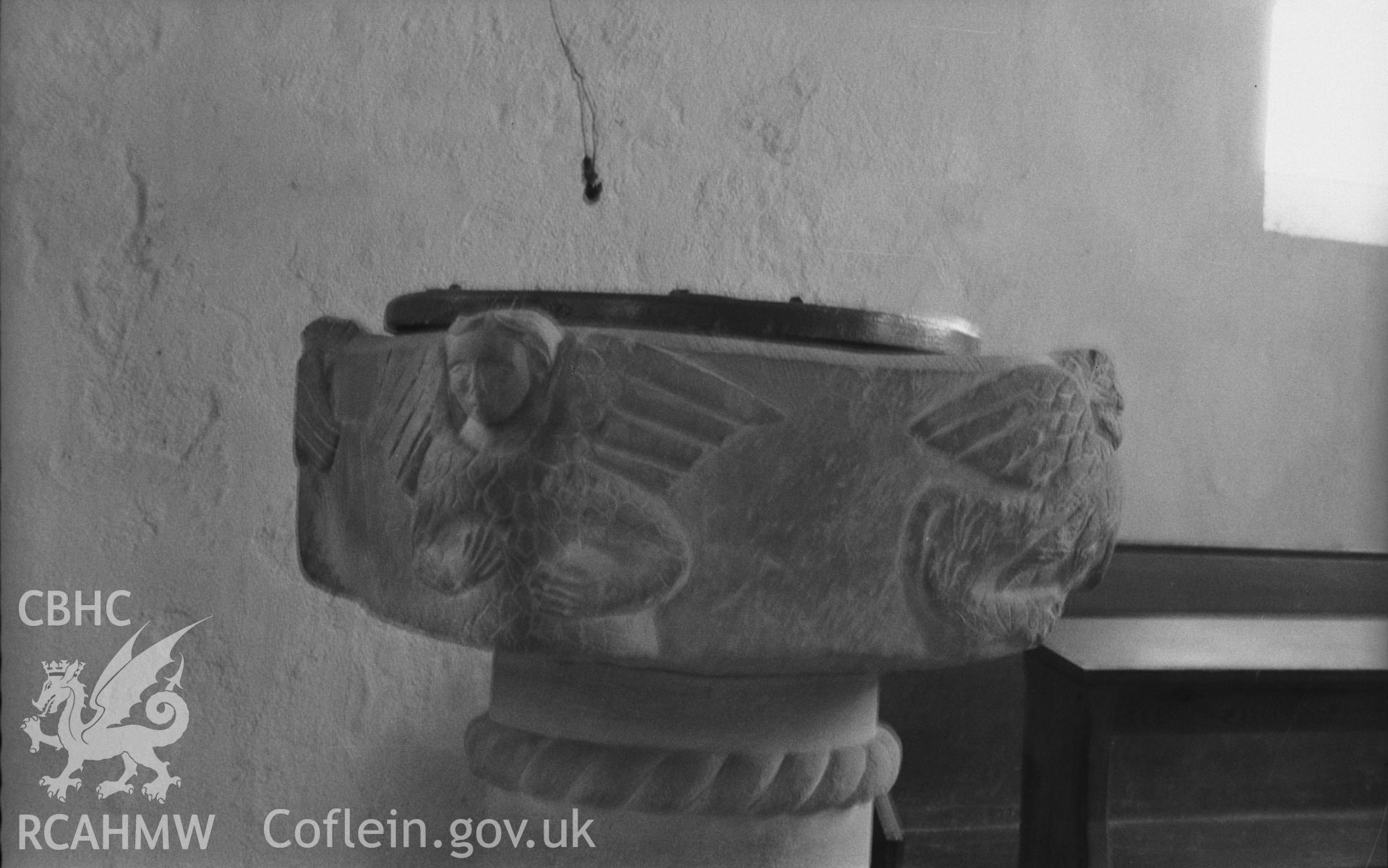 Digital copy of a black and white negative showing Norman font at St Mary's Church, Maestir, Lampter. Photographed in April 1963 by Arthur O. Chater from Grid Reference SN 5537 4932.