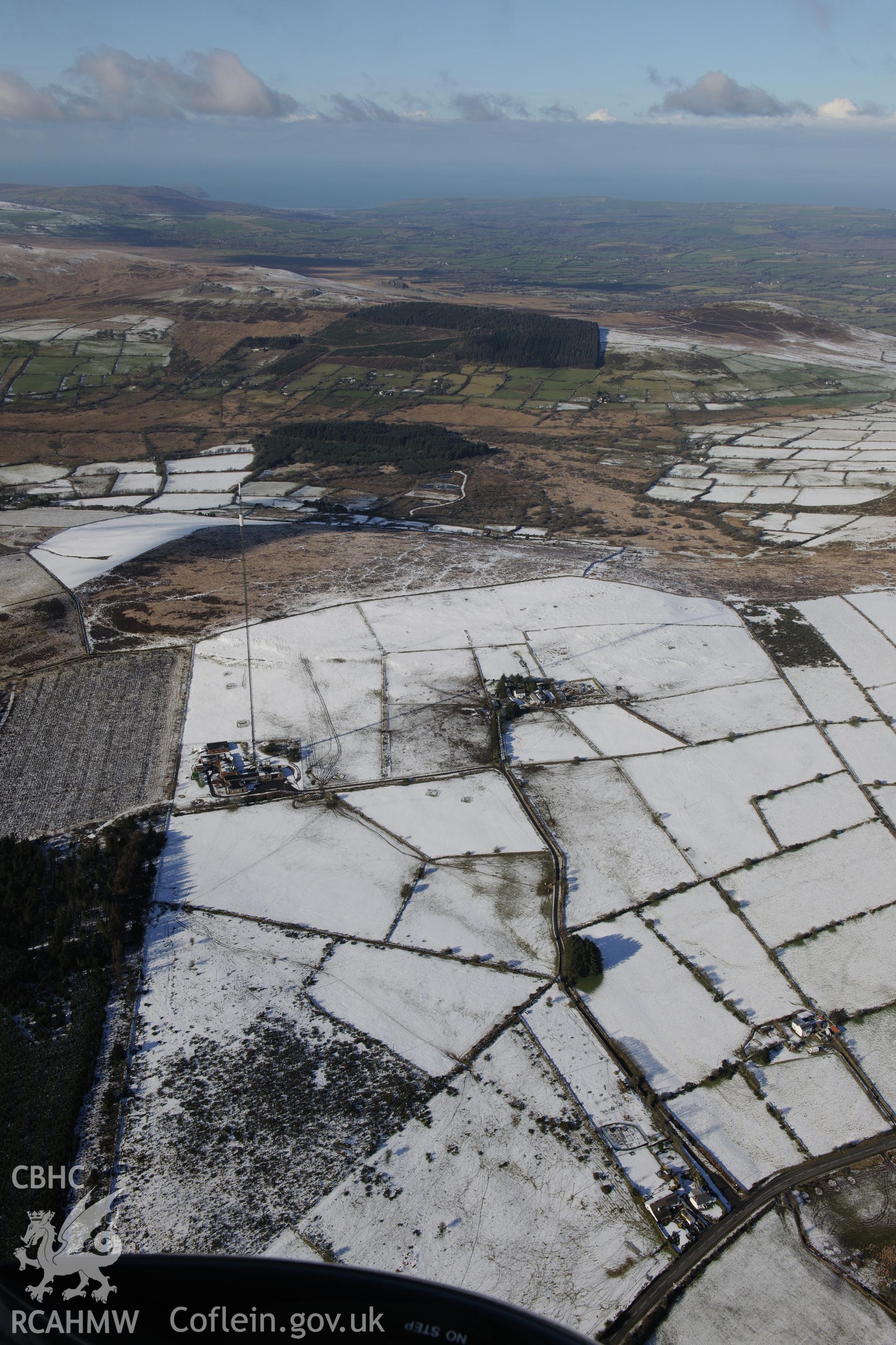 Television mast at Pentre Galar, Pembrokeshire. Oblique aerial photograph taken during the Royal Commission's programme of archaeological aerial reconnaissance by Toby Driver on 4th February 2015.