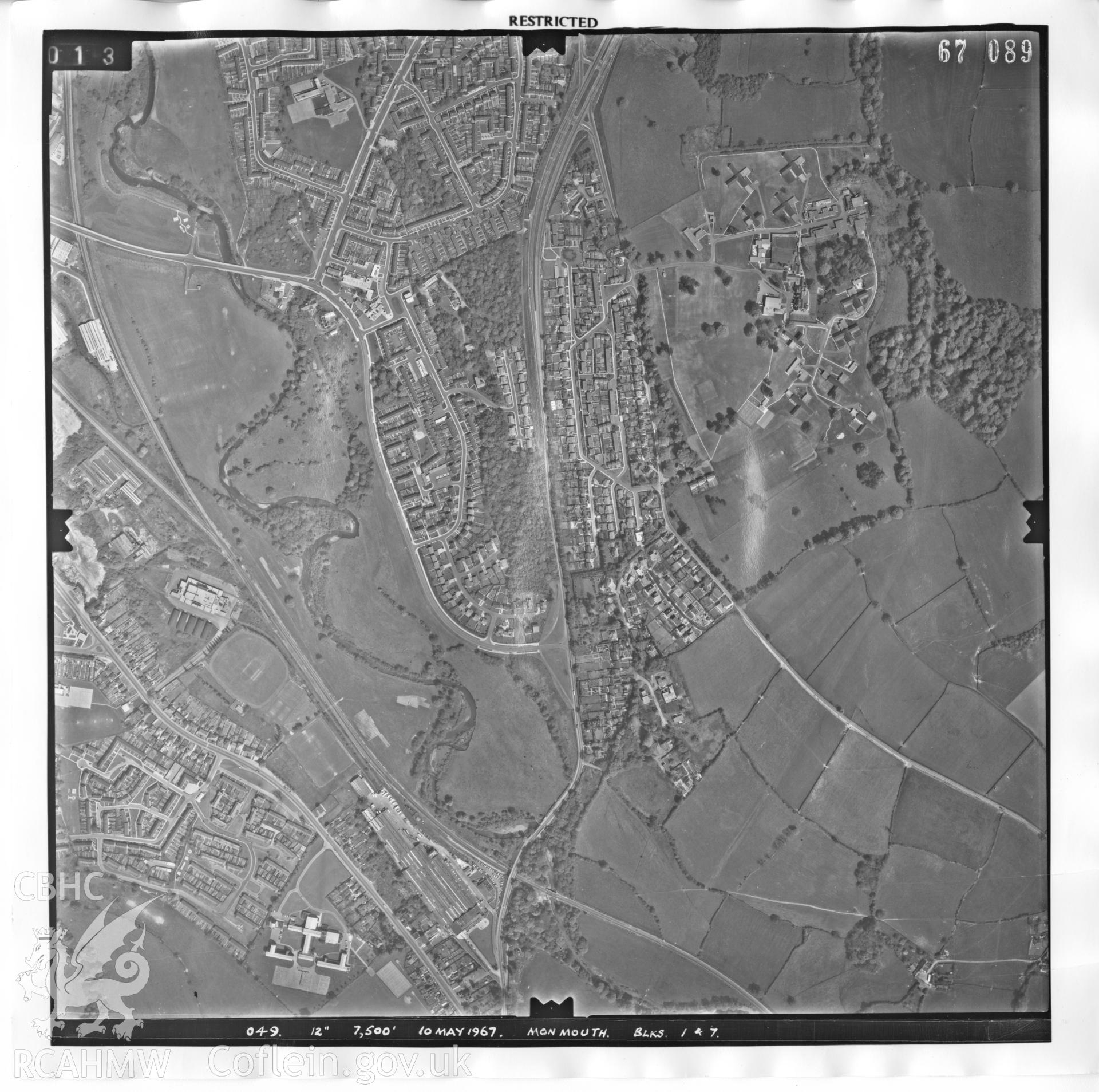 Aerial photograph of Cwmbran, taken on 10th May 1967. Included as part of Archaeology Wales' desk based assessment of former Llantarnam Community Primary School, Croeswen, Oakfield, Cwmbran, conducted in 2017.