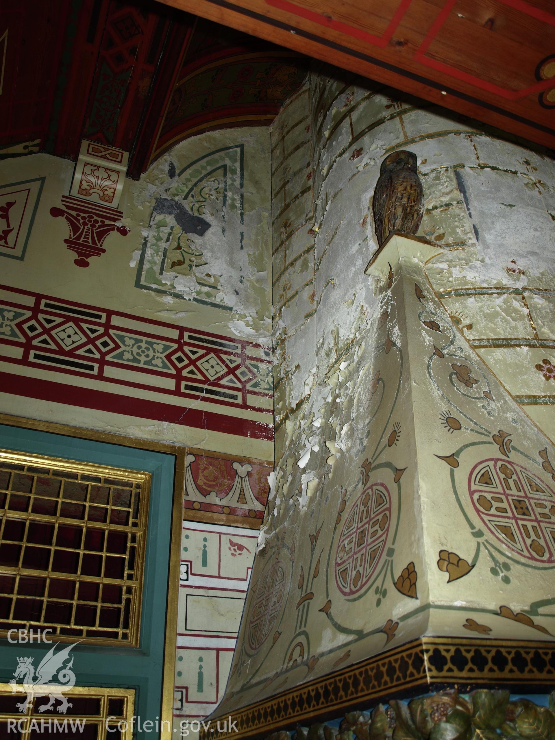 Highly decorative wall in Lord Bute's Bedroom at Castell Coch, 01/04/2019. From "Castell Coch, Tongwynlais. Archaeological Building Investigation & Recording & Watching Brief" by Richard Scott Jones, Heritage Recording Services Wales. Report No 202.