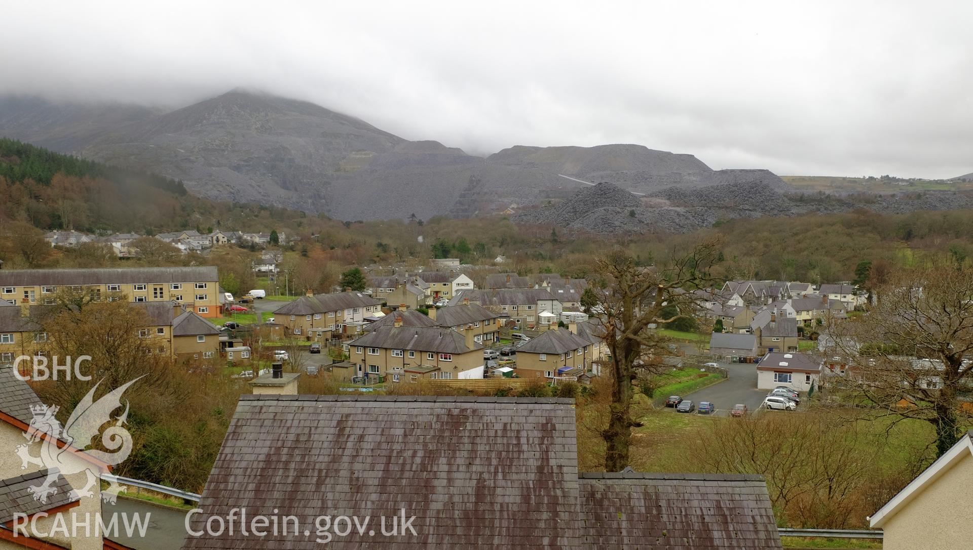 Colour photograph showing view looking south west from Carneddi Road towards Abercaseg, Bethesda, produced by Richard Hayman 16th February 2017
