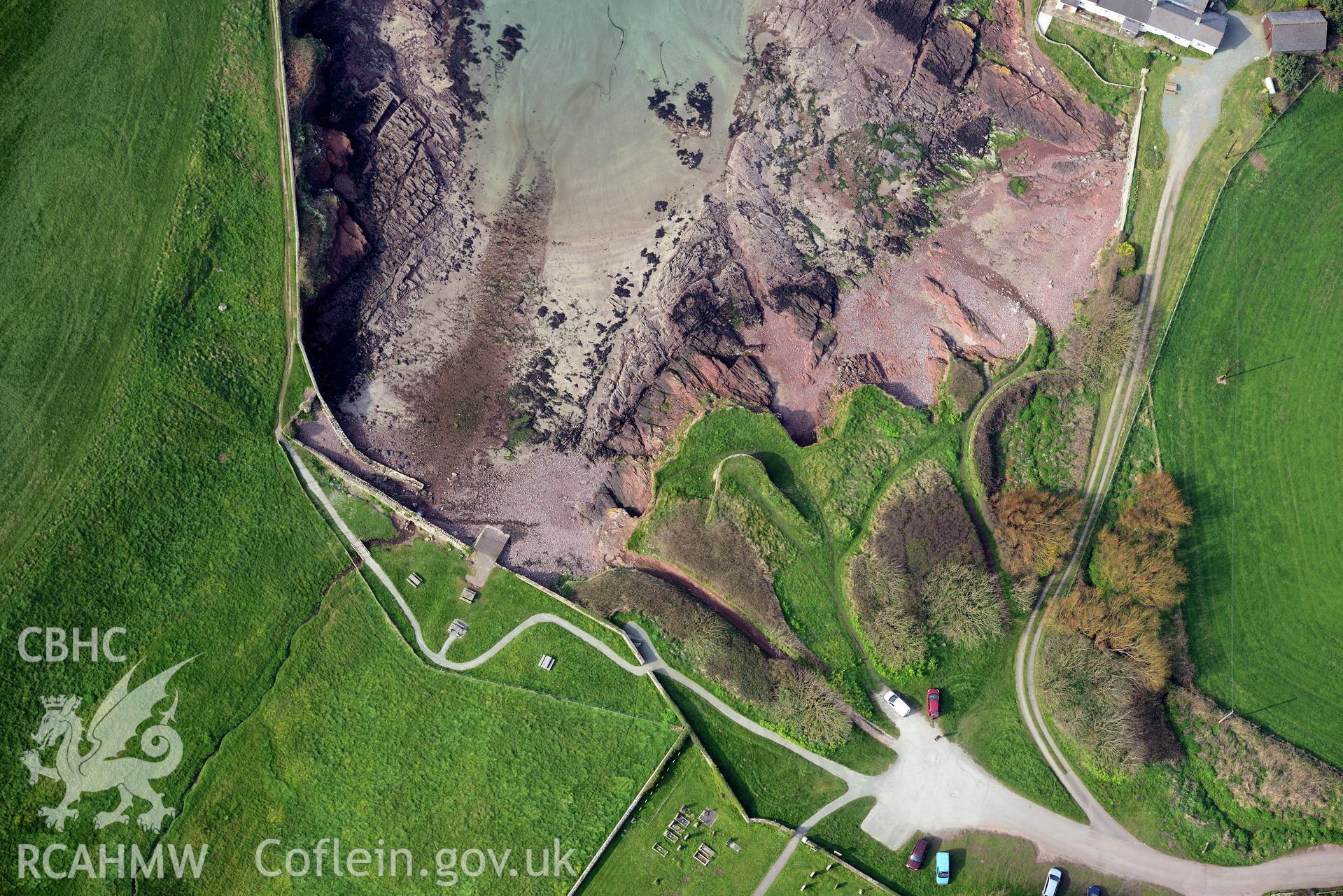 Royal Commission aerial photograph of St Bride's Haven taken on 27th March 2017. Baseline aerial reconnaissance survey for the CHERISH Project. ? Crown: CHERISH PROJECT 2017. Produced with EU funds through the Ireland Wales Co-operation Programme 2014-2020. All material made freely available through the Open Government Licence.