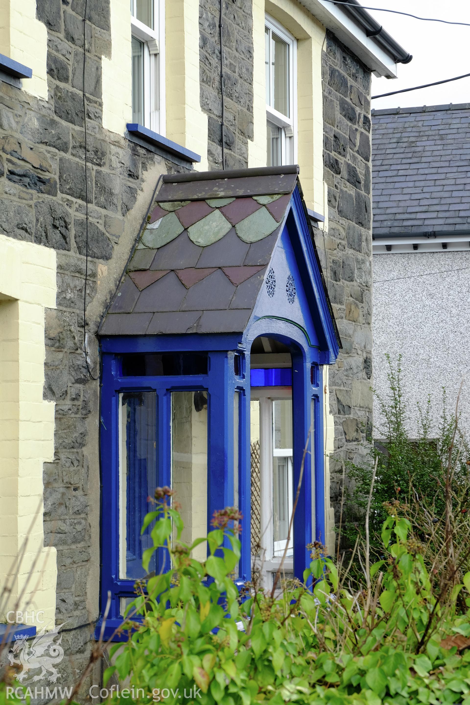Colour photograph showing view of porch with slate roof at Penybryn, Bethesda, produced by Richard Hayman 2nd February 2017