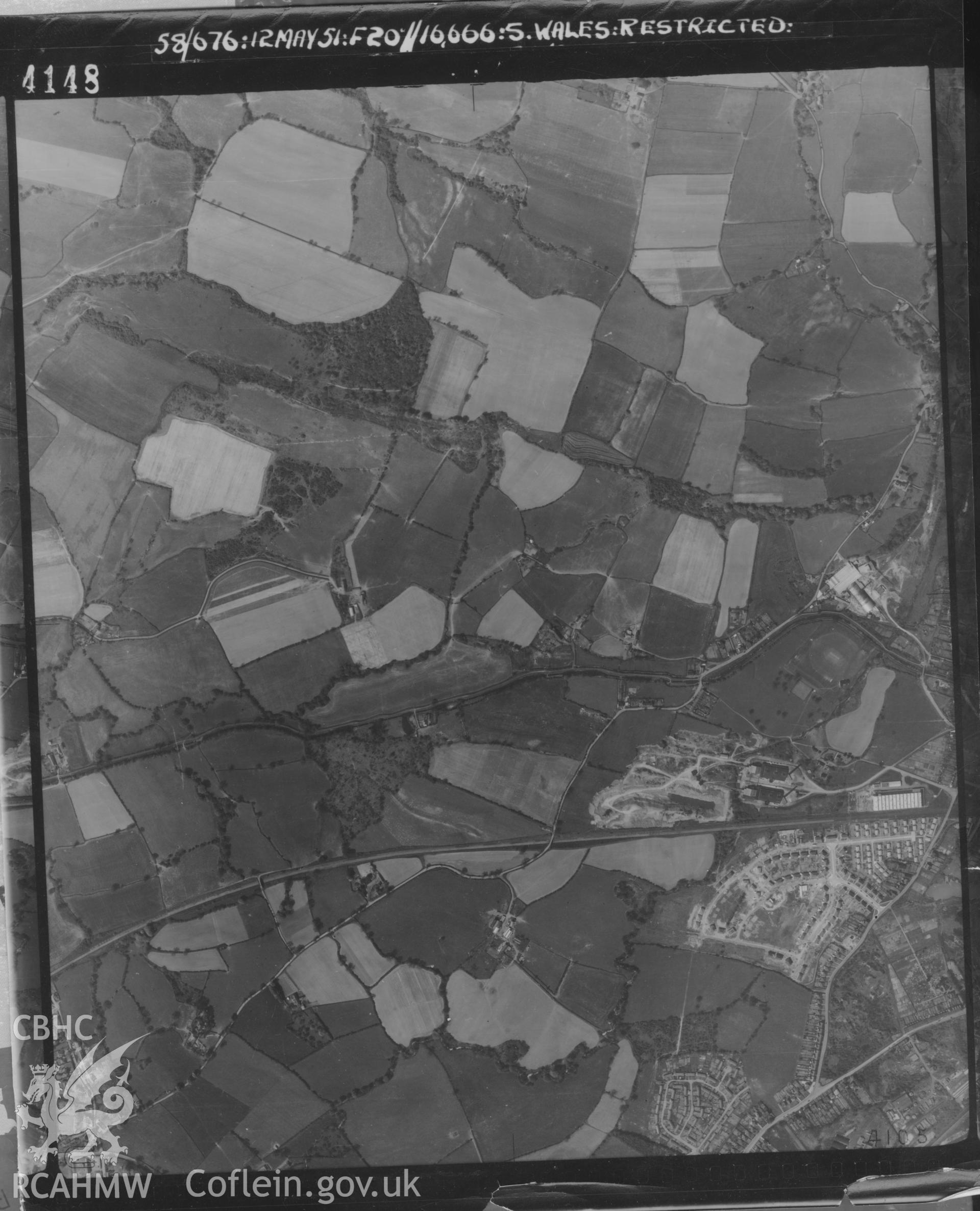 Aerial photograph of Cwmbran, taken on 3rd August 1950. Included as part of Archaeology Wales' desk based assessment of former Llantarnam Community Primary School, Croeswen, Oakfield, Cwmbran, conducted in 2017.