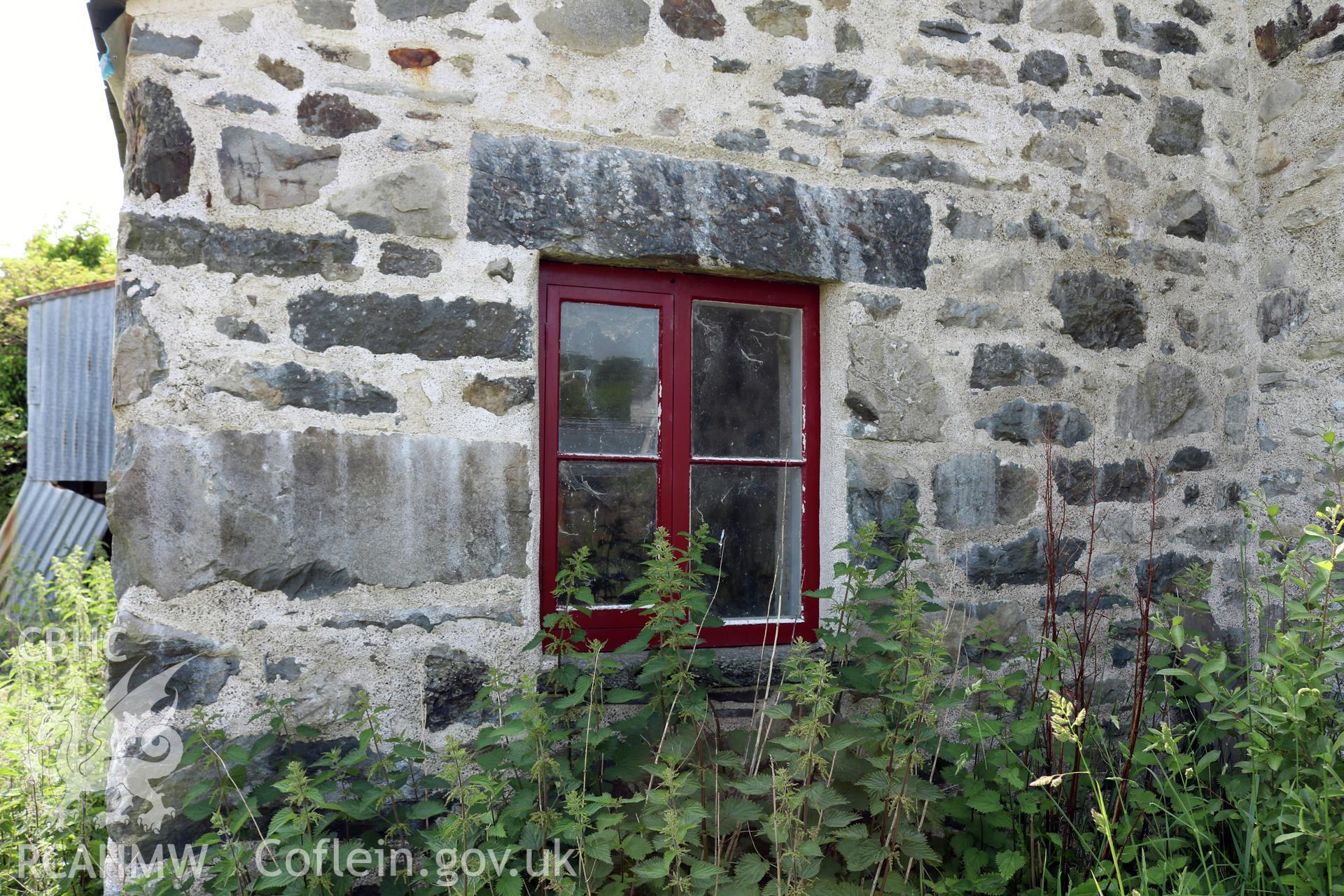 Photograph showing exterior view of barn and cottage window at Maes yr Hendre, taken by Dr Marian Gwyn, 6th July 2016. (Original Reference no. 0048)