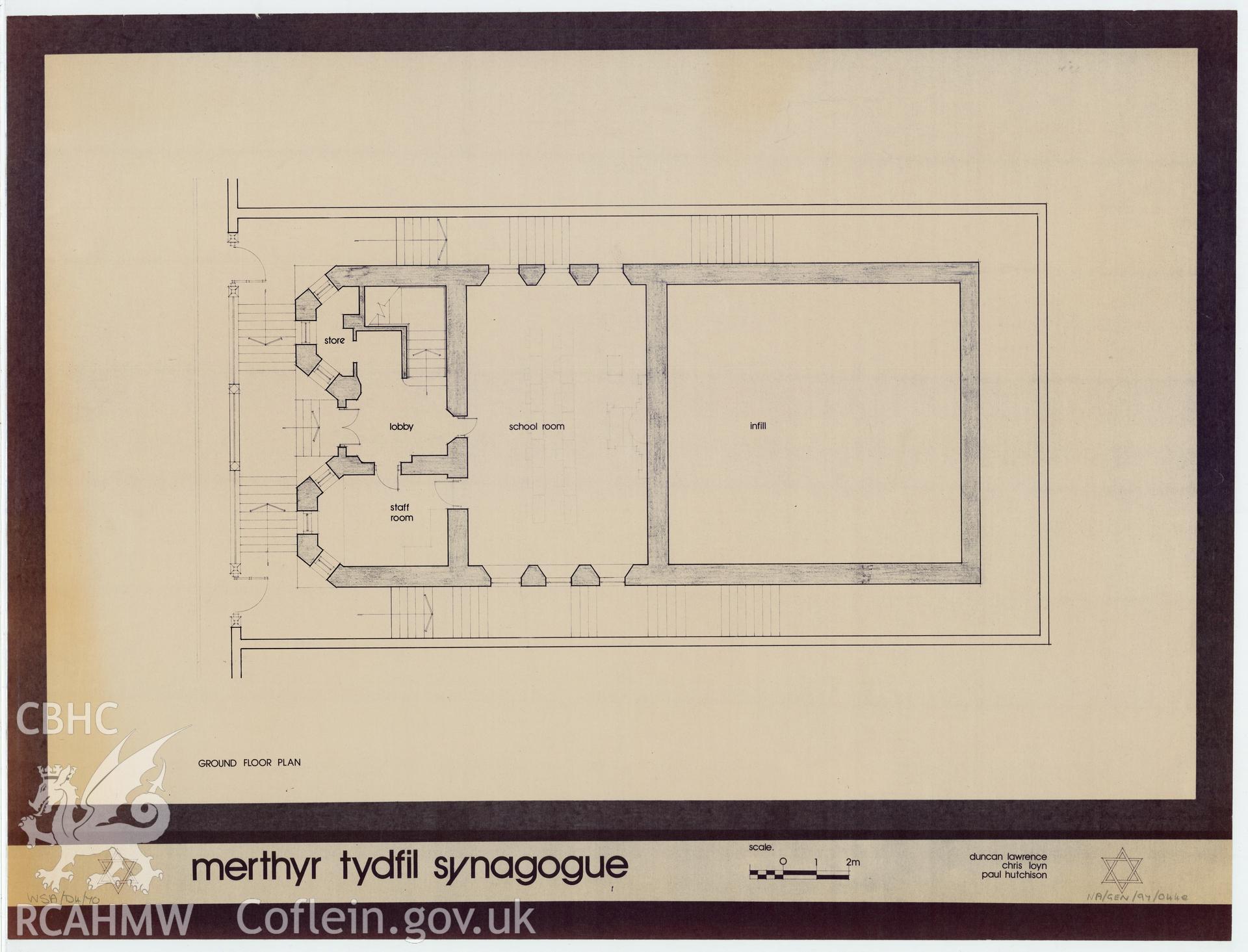 Ground floor plan drawing of Merthyr Tydfil Synagogue. ref. WSA/D4/70. nprn 11795.