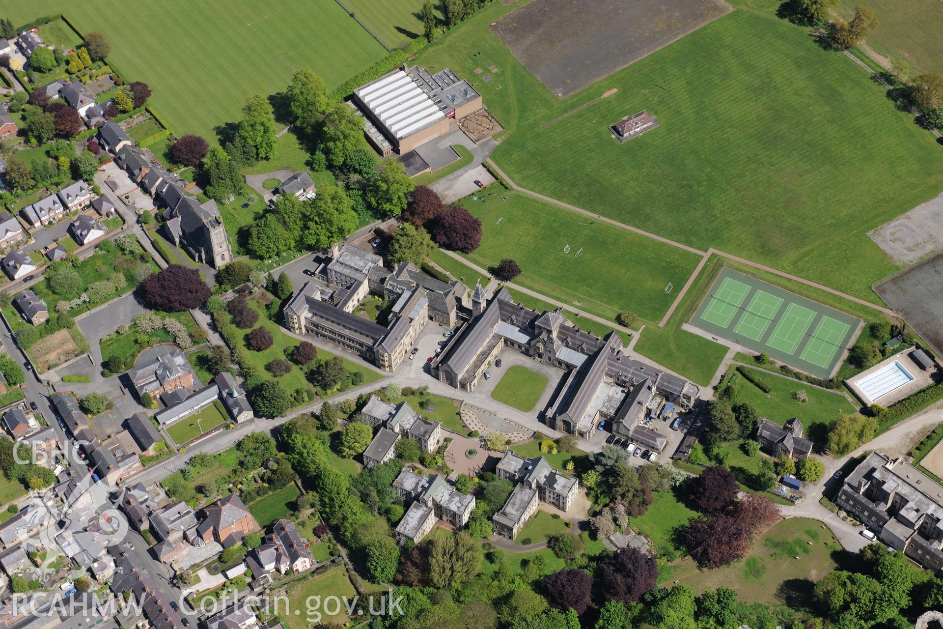 Howell's school, Peake's lane, Denbigh. Oblique aerial photograph taken during the Royal Commission?s programme of archaeological aerial reconnaissance by Toby Driver on 22nd May 2013.