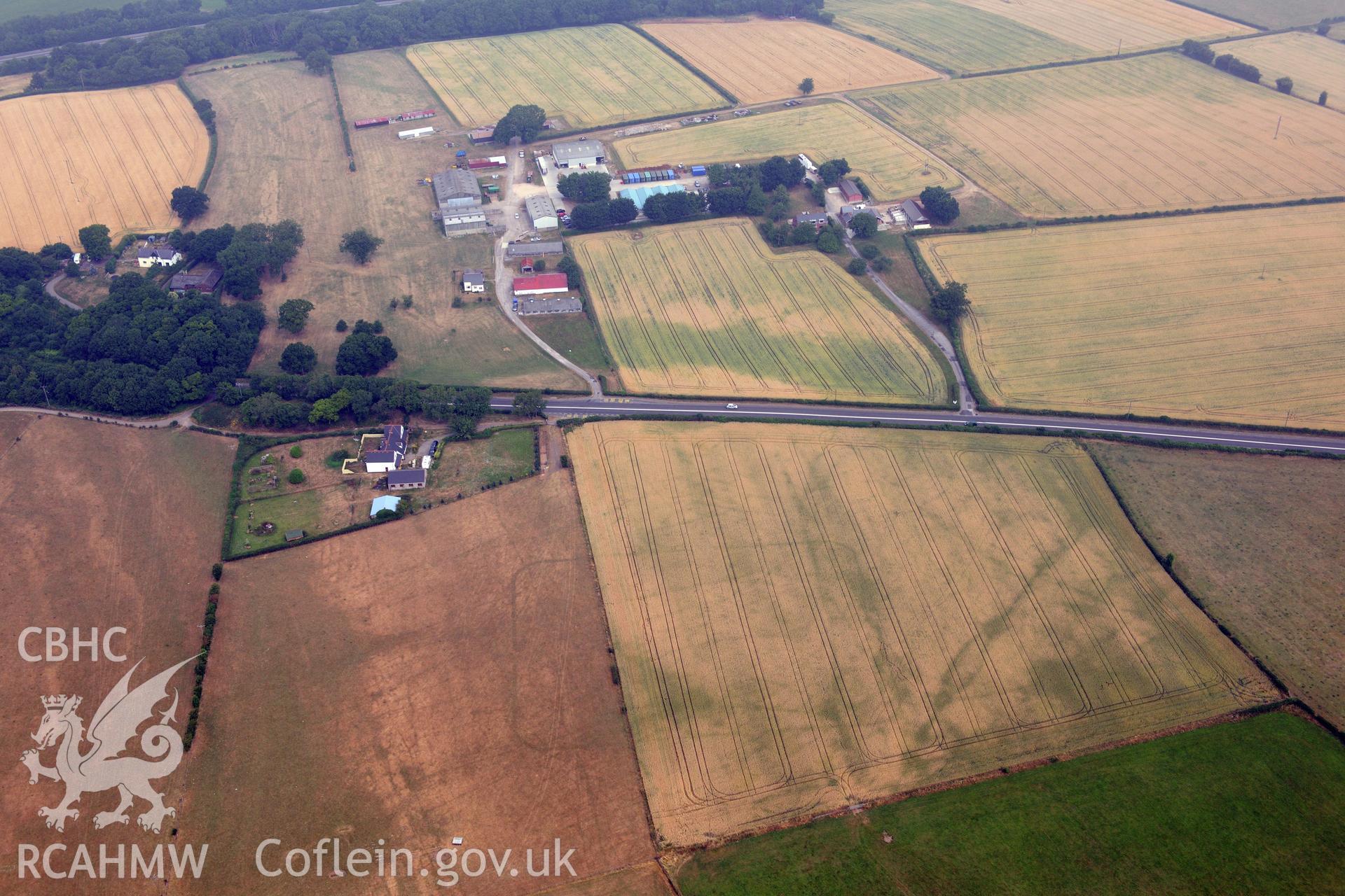 Royal Commission aerial photography of Killcrow Hill Roman marching camp taken during drought conditions on 22nd July 2013 at the time of its discovery.