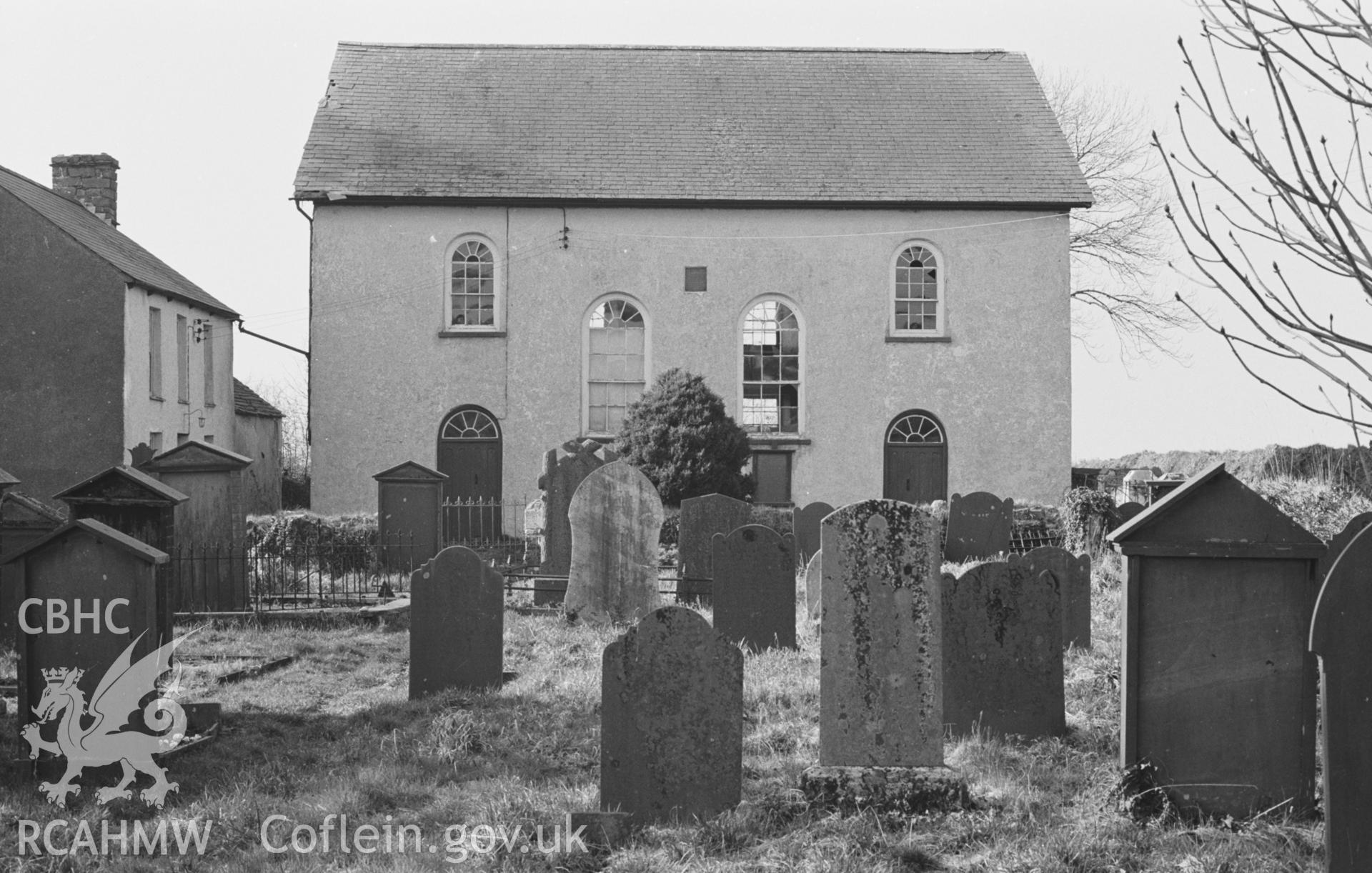 Digital copy of black & white negative showing exterior view of Pensarn Welsh Calvinistic Methodist chapel, Hafod Iwan, Caerwedros. Photograph by Arthur O. Chater, 11th April 1968, looking north north west from the graveyard at Grid Reference SN 381 548.