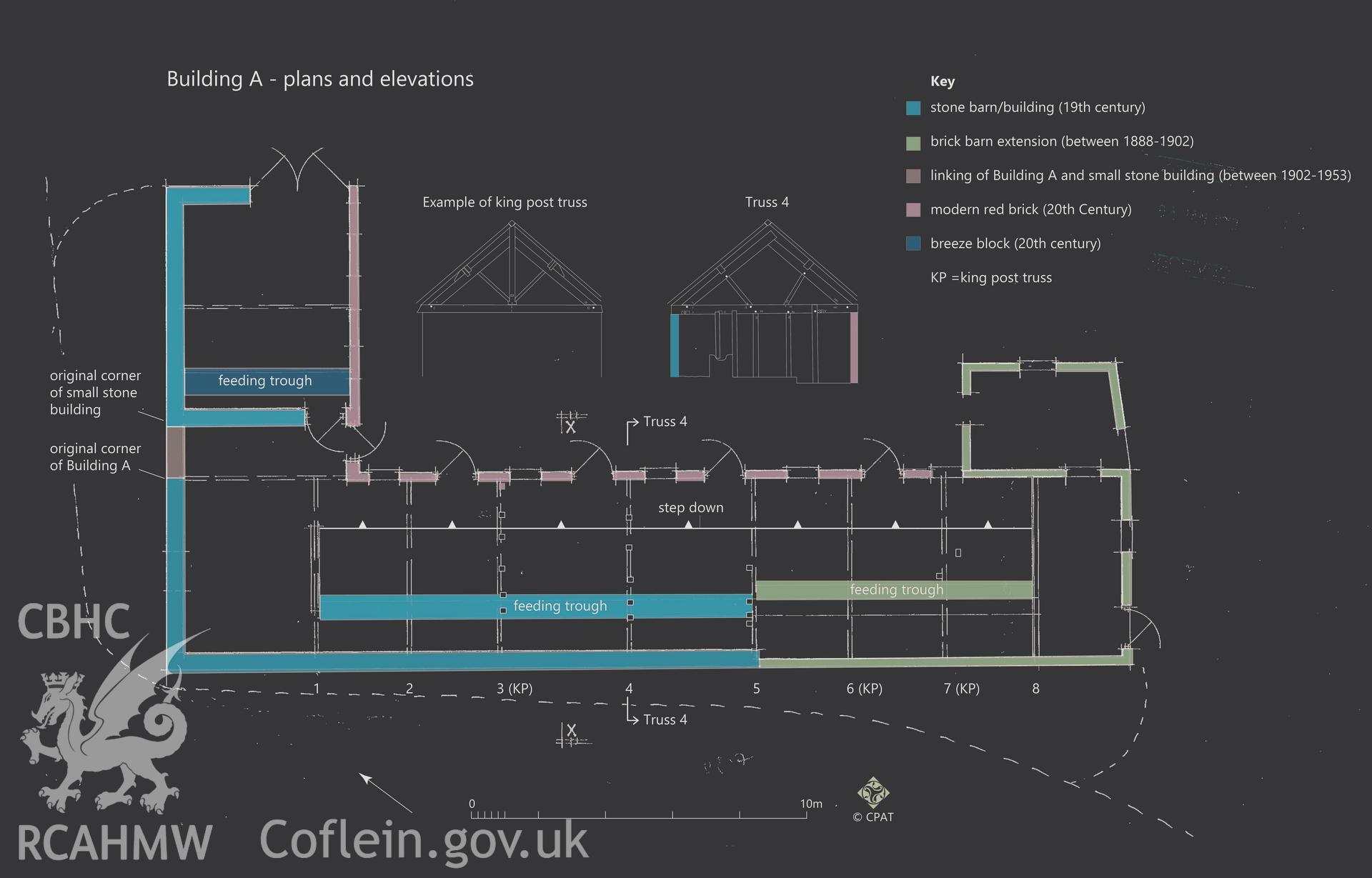 'Building A plan' used as report illustration for CPAT Project 2414: Pentre Barns, Llandyssil, Powys - Building Survey. Prepared by Kate Pack of Clwyd Powys Archaeological Trust, 2019. Report no. 1694.