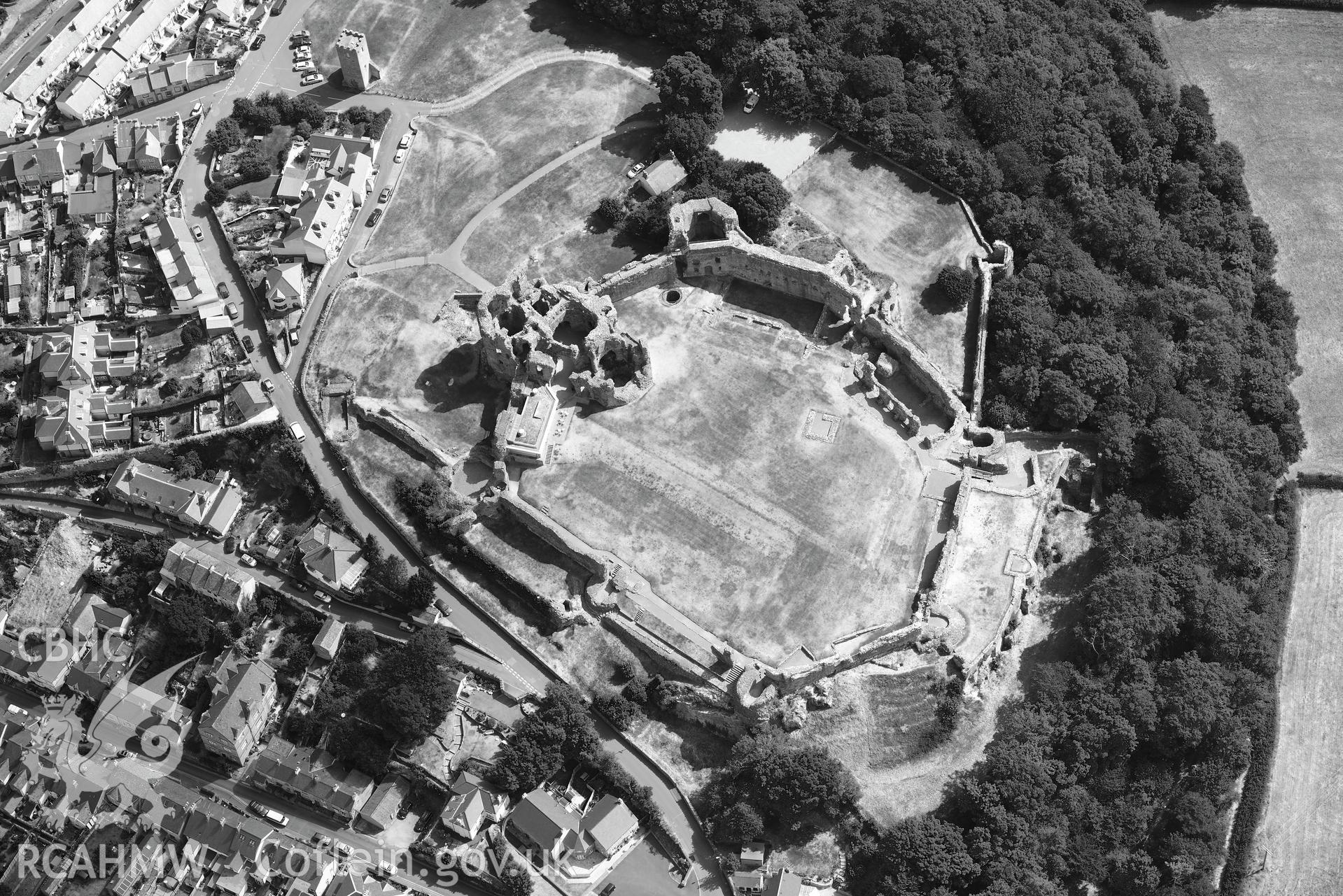 Royal Commission aerial photography of Denbigh Castle with extensive parchmarks taken on 19th July 2018 during the 2018 drought.