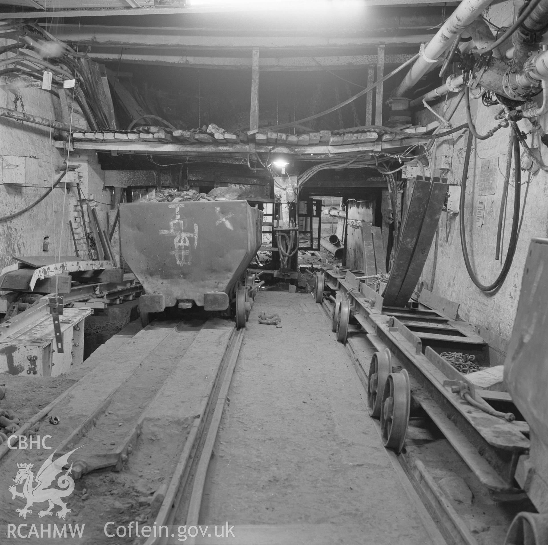 Digital copy of an acetate negative showing Blaenserchan Colliery - pit bottom downcast shaft, from the John Cornwell Collection.